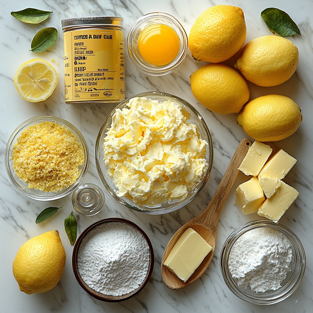 A clean white marble surface neatly arranged with the main ingredients for a Lemon Cream Cheese Dump Cake: a bright yellow box of lemon cake mix with clear branding, a small glass bowl filled with smooth, softened cream cheese, a small glass bowl of granulated white sugar, a small glass bowl holding a single cracked egg with vibrant yellow yolk, a small clear dish with pale golden melted butter, two labeled cans of glossy lemon pie filling showing bright yellow lemon slices on the label, a wooden spoon resting beside fresh lemon zest sprinkled in a small heap with vibrant yellow curls, and a small glass bottle of vanilla extract with a dark amber liquid inside. The ingredients are spaced evenly in a circular layout on the marble, with soft natural daylight casting gentle shadows, enhancing the creamy textures, glossy citrus hues, and powdered sugar lightly dusted over the butter bowl for a hint of sparkle. The scene is styled with minimal rustic props like a linen napkin folded neatly off to one side and a few fresh whole lemons with bright green leaves for color contrast. Overhead shot, top down view, flat lay photography, professional food styling --ar 1:1 --q 2 --s 750 --v 6.1