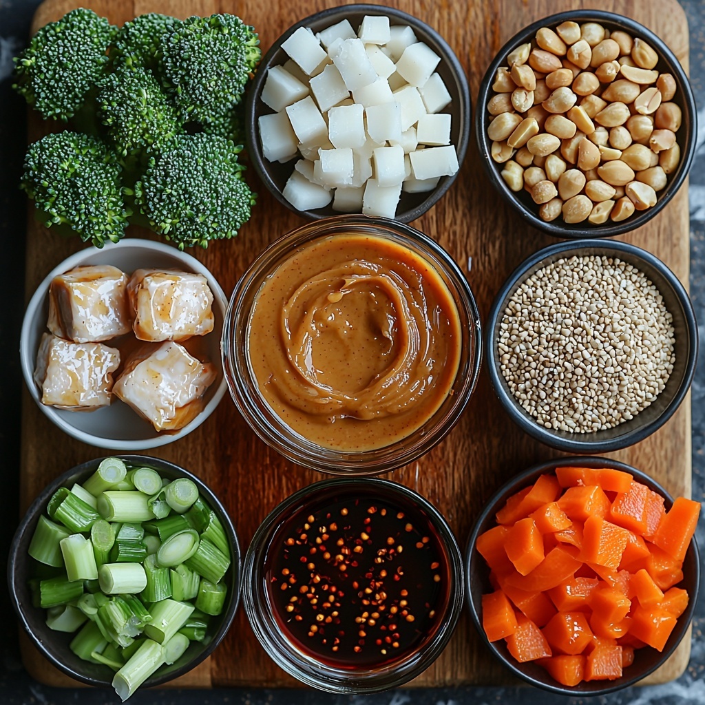 Creamy peanut butter in a small white bowl, golden honey drizzled nearby, dark soy sauce in a glass ramekin, a small dish of rich chicken broth, three whole garlic cloves with papery skins, a few drops of bright red hot sauce on a spoon, small pool of glossy peanut oil, a pile of vibrant green broccoli florets, neatly julienned bright orange baby carrots, thinly sliced vivid red bell pepper strips, raw boneless chicken breast pieces dusted lightly with white cornstarch arranged on a rustic wooden board, sprinkling of white pepper, salt, and paprika in tiny ceramic bowls, scattered chopped green onions and chopped peanuts for garnish, a bowl of fluffy cooked white rice with visible grains, all arranged symmetrically and spaced evenly on a clean white marble surface. The scene is brightly lit with natural light casting soft shadows, textures highly detailed – the creamy, smooth peanut butter contrasts with the crisp fresh vegetables and tender raw chicken, colors vibrant and inviting, styled with minimalist elegance, overhead shot, top down view, flat lay photography, professional food styling --ar 1:1 --q 2 --s 750 --v 6.1