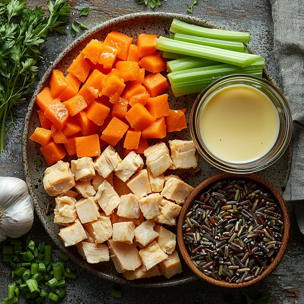 boneless skinless chicken breasts diced into bite-sized pieces, wild rice blend with varied grains in shades of brown and black, bright orange diced carrots, fresh green celery stalks diced, medium yellow onion chopped roughly, three cloves of garlic peeled and minced, clear glass jug filled with golden low-sodium chicken broth, small white bowl of thick heavy cream; all ingredients neatly arranged on a clean, light wooden surface with natural soft daylight highlighting their fresh colors and textures; chicken pieces clustered on a small ceramic plate, wild rice spread loosely beside a small wooden scoop, vibrant vegetables grouped to show contrast of colors and shapes, garlic and onion placed close to each other with delicate shadows, broth jug catching light reflections, cream bowl featuring smooth glossy surface; subtle sprigs of fresh herbs and a folded linen napkin add elegant natural detail; clean and minimalistic styling emphasizing freshness and rustic homeliness; overhead shot, top down view, flat lay photography, professional food styling --ar 1:1 --q 2 --s 750 --v 6.1