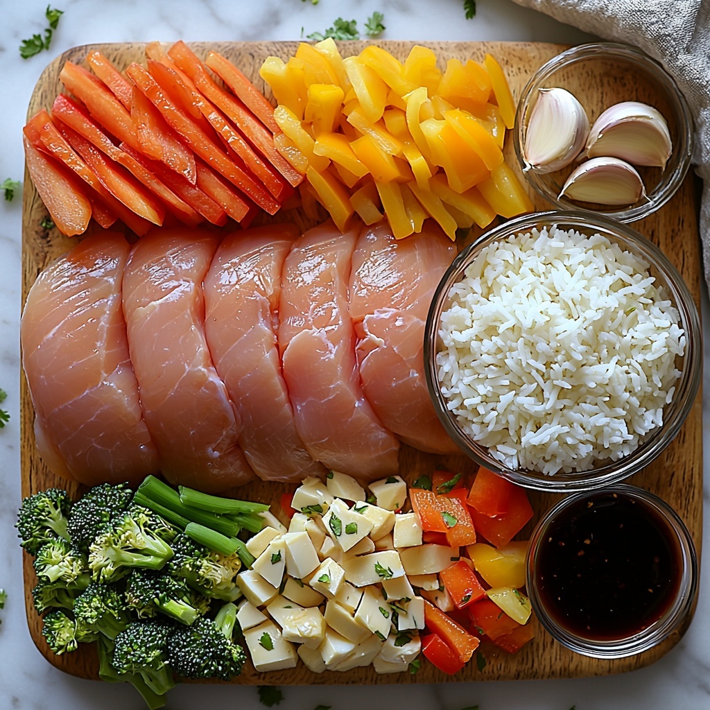 Jasmine rice in a small clear glass bowl, white and fluffy grains; fresh whole chicken breasts raw, pale pink with a slight sheen; two cloves of garlic, peeled and whole, creamy white with smooth texture; a 1-inch piece of fresh ginger root, light brown knobby skin with a rough texture and a small peeled section showing pale yellow inside; a can of coconut milk, opened with creamy white coconut milk visible; a small bowl of dark soy sauce with a glossy surface; fresh herbs including bright green cilantro sprigs and sliced green onions arranged loosely; assorted colorful vegetables including vibrant red and yellow bell pepper slices, and fresh broccoli florets with rich green texture. All ingredients carefully spread on a clean white marble surface with soft natural light highlighting vibrant colors and natural textures, subtle shadows for depth, styled with minimal rustic props like a wooden spoon and linen napkin to enhance tropical and fresh atmosphere, arranged neatly but casually for inviting, mouth-watering appeal. overhead shot, top down view, flat lay photography, professional food styling --ar 1:1 --q 2 --s 750 --v 6.1