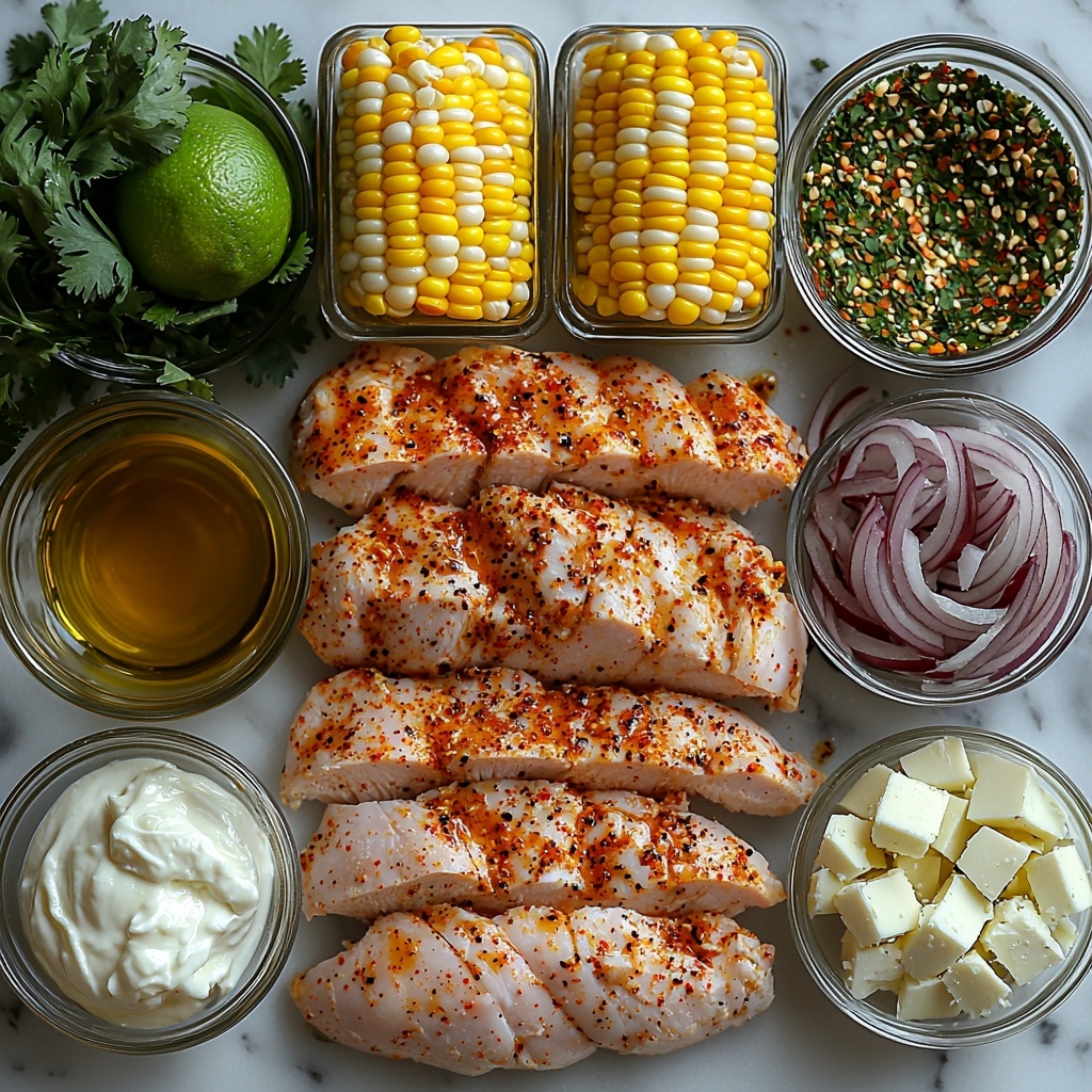 A flat lay of fresh ingredients neatly arranged on a clean white marble surface: a small bowl of cooked white rice with fluffy grains, a raw boneless skinless chicken breast seasoned with vibrant chili powder, cumin, and garlic powder sprinkled on top, a small glass bowl with golden olive oil reflecting light, a heap of bright yellow corn kernels (fresh and slightly charred), a ramekin of creamy off-white mayonnaise, a small bowl filled with crumbly white feta cheese, a bunch of fresh green cilantro leaves with some chopped pieces scattered nearby, a halved lime with juicy green flesh, neatly sliced ripe avocado with smooth pale green flesh, finely diced vivid purple-red onion, a small pinch bowl of deep red cayenne pepper powder, coarse salt and cracked black peppercorns in tiny white dishes. The ingredients are spaced evenly in a harmonious layout that highlights their contrasting colors and textures, with soft natural lighting casting gentle shadows and emphasizing freshness and vibrancy. Overhead shot, top down view, flat lay photography, professional food styling --ar 1:1 --q 2 --s 750 --v 6.1