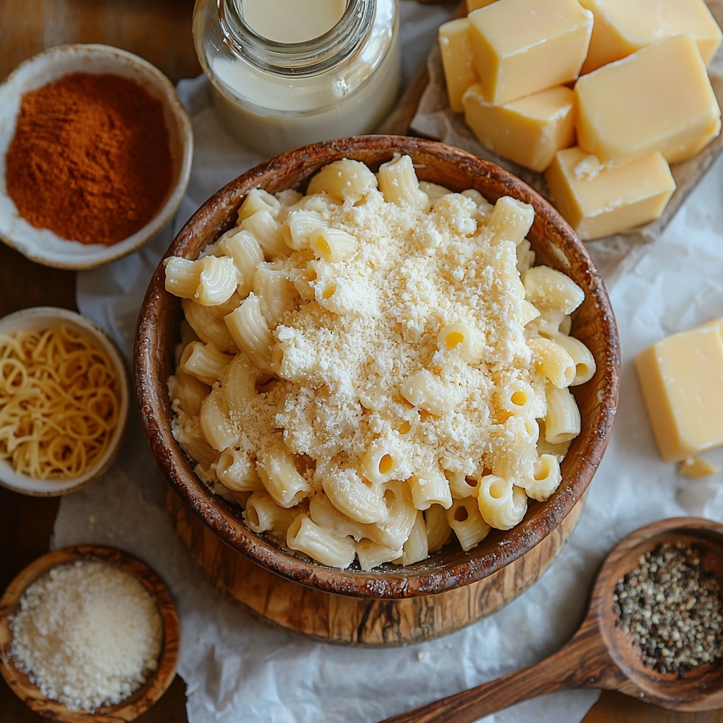 Elbow macaroni uncooked in a small rustic bowl, cubes of unsalted butter on a white ceramic dish, a heap of all-purpose flour in a vintage measuring cup, whole milk in a clear glass jug showing creamy white liquid, freshly grated sharp cheddar cheese bright orange piled on a wooden board, finely grated Gruyere cheese pale yellow in a small white bowl, wooden spoons holding dry mustard powder vibrant yellow, smoked paprika deep red powder in a tiny ceramic dish, garlic powder light beige in a small bowl, ground nutmeg with warm brown tones sprinkled on parchment paper, small bowls of coarse salt and cracked black pepper, all ingredients arranged neatly on a clean white marble surface; natural soft daylight casting gentle shadows, minimalistic styling with linen napkin edges visible, textures of powders and cheeses emphasized, colors vibrant and contrasting, warm and inviting atmosphere, overhead shot, top down view, flat lay photography, professional food styling --ar 1:1 --q 2 --s 750 --v 6.1