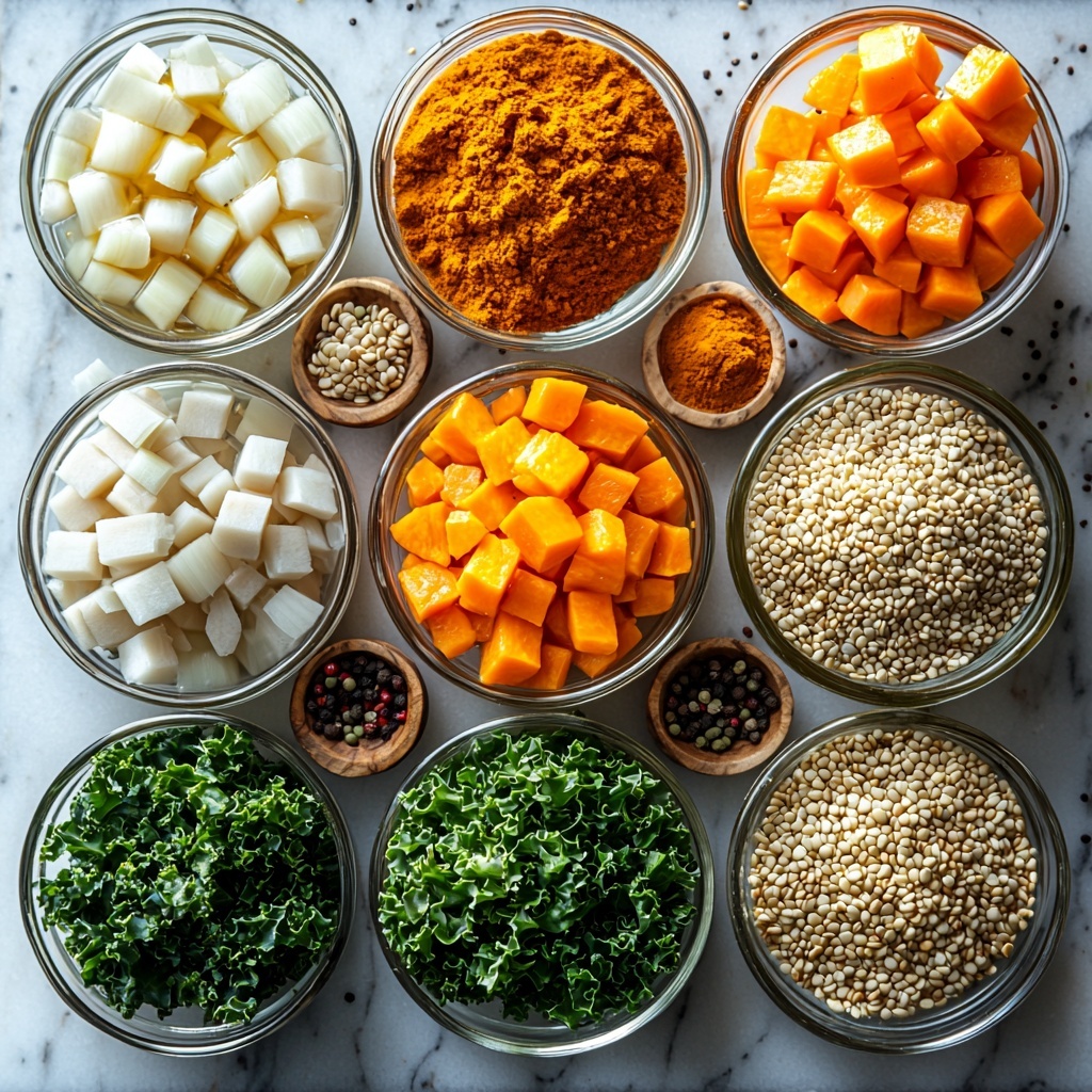 A beautifully styled flat lay of spiced winter bowl ingredients arranged on a clean white marble surface. Neatly portioned ingredients include a small bowl of pearly white quinoa grains, a clear glass bowl of golden vegetable broth, a small dish of deep green olive oil, a pile of finely diced translucent onion, two smashed garlic cloves with papery skins intact, small piles of warm orange diced carrots and vibrant orange sweet potatoes, a heap of fresh dark green chopped kale leaves, and three small rustic wooden spoons filled with golden cumin powder, warm brown coriander powder, and rich cinnamon powder. Scattered cracked black peppercorns and a pinch of coarse sea salt crystals add texture and authenticity. The colors range from earthy orange and green tones to warm spices with a natural matte finish. Soft natural light highlights the textures and freshness, with subtle shadows adding depth. Visible raw ingredients evoke warmth and nourishment. Overhead shot, top down view, flat lay photography, professional food styling --ar 1:1 --q 2 --s 750 --v 6.1