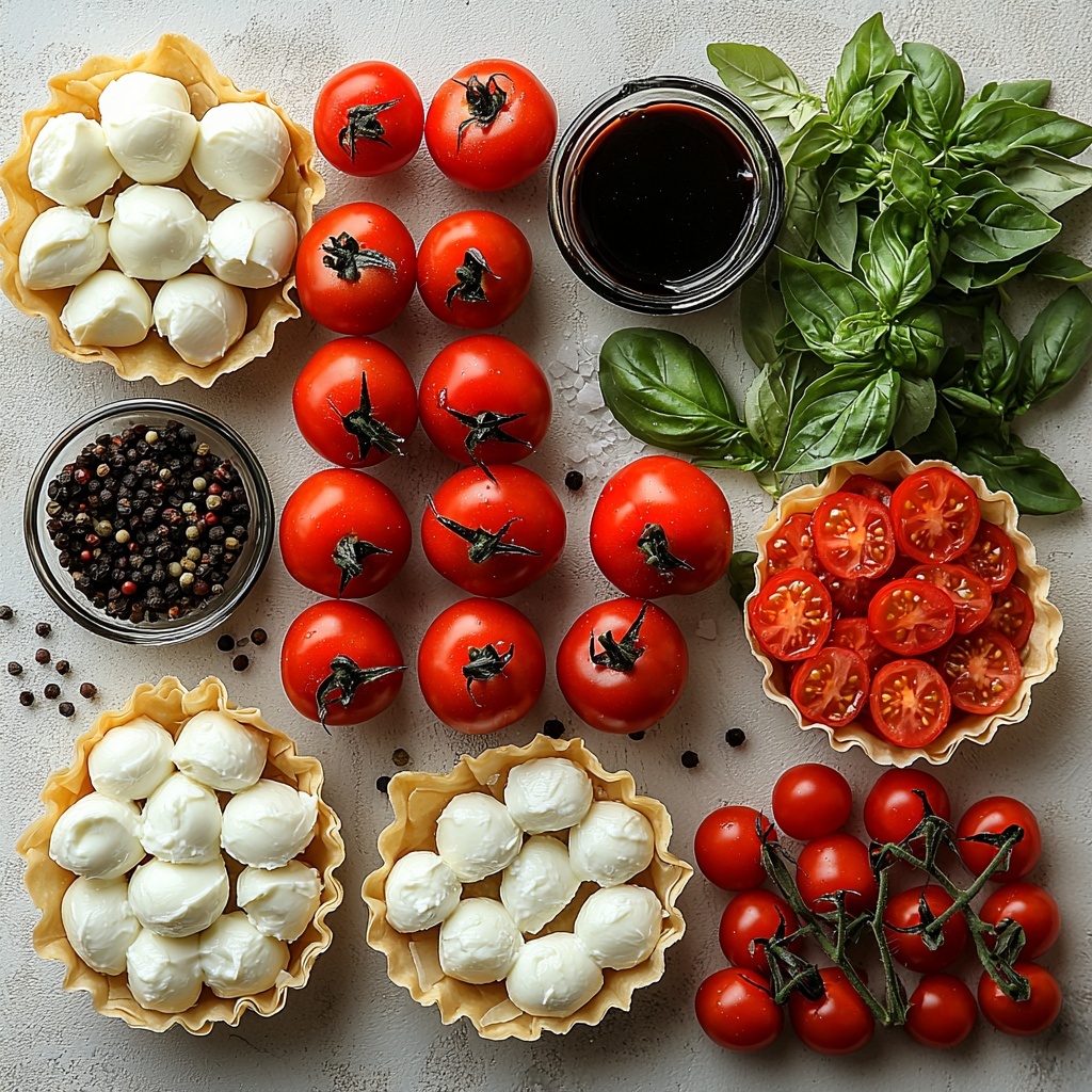 Cherry tomatoes halved, glossy and vibrant red, small fresh mozzarella balls (bocconcini and ciliegine), smooth and creamy white, bright green fresh basil leaves torn and whole, dark shiny balsamic glaze in a small glass drizzle bottle, golden crispy small phyllo pastry cups and mini tart shells arranged neatly, coarse salt crystals and freshly ground black pepper scattered artfully in small bowls, all ingredients spread out on a clean white textured surface with soft natural light enhancing the colors and textures, balanced composition with space between items for clarity, subtle shadows adding depth, fresh and festive feel, overhead shot, top down view, flat lay photography, professional food styling --ar 1:1 --q 2 --s 750 --v 6.1