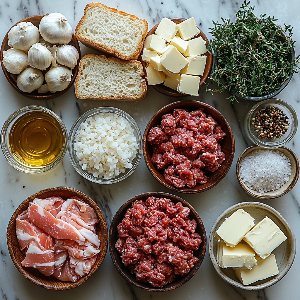 A clean white marble surface with all main ingredients for traditional Kotleti recipe arranged neatly in a balanced flat lay composition. Centered are two small bowls: one filled with raw ground pork (pinkish texture), the other with ground beef (deep red, slightly coarse). Nearby, a small white ramekin holds finely grated white onion, fluffy and moist. Scattered around are small piles of garlic powder and onion powder, pale beige powders with soft texture. On one side, two slices of crustless white bread with a soft, airy texture are placed slightly overlapping. Next to them, a clear glass measuring cup filled halfway with whole milk, creamy white and smooth. Small clear glass bowls contain kosher salt crystals and water, reflecting light gently. A small cast iron pan or dark ceramic dish holds a pool of golden avocado oil with shiny surface. Finally, a tiny vintage dish presents three tablespoons of pale yellow unsalted butter with a creamy texture. The ingredients are spaced evenly with natural soft daylight illuminating the scene, creating subtle shadows and highlighting textures. Minimal props, neutral tones, and crisp focus emphasize freshness and simplicity. Overhead shot, top down view, flat lay photography, professional food styling --ar 1:1 --q 2 --s 750 --v 6.1