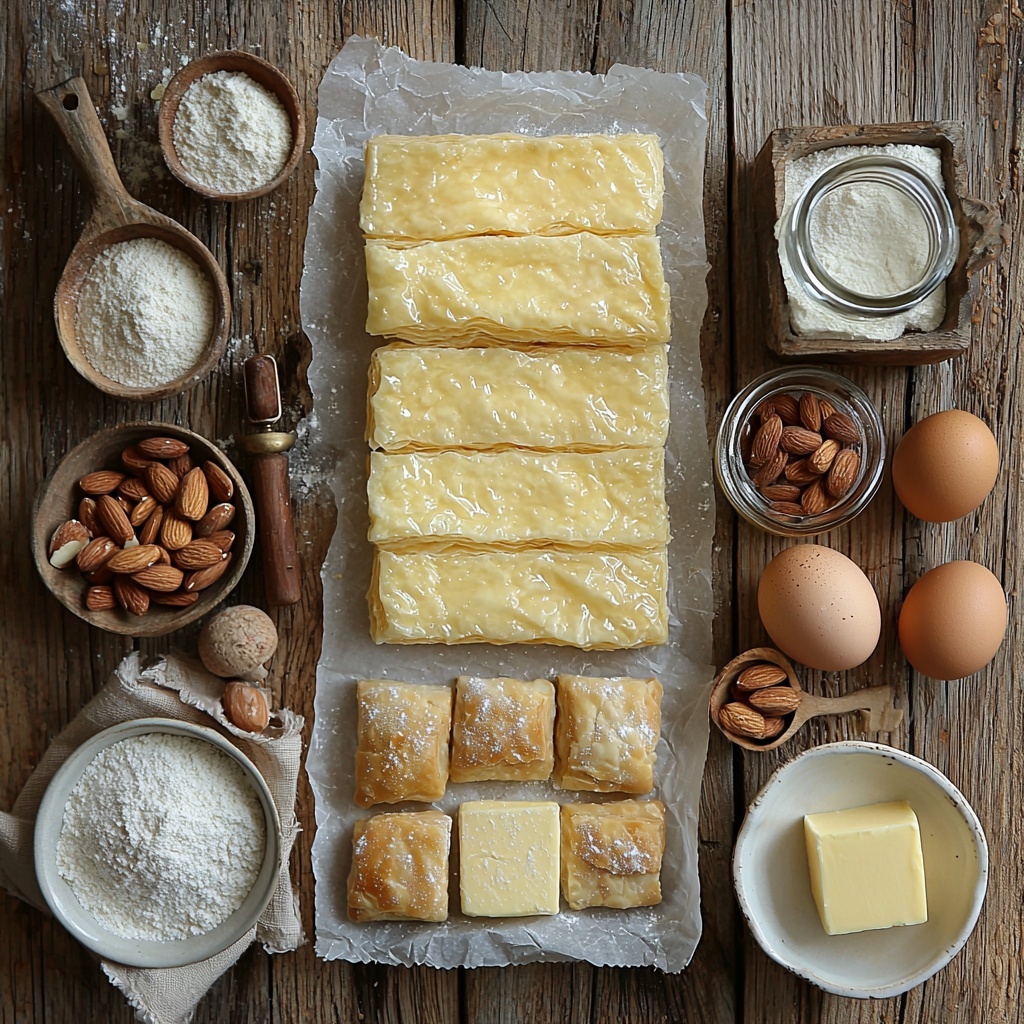 A clean, light wooden surface neatly arranged with all the main ingredients for almond croissant bites: a sheet of golden puff pastry folded gently on parchment paper, a small rustic bowl filled with finely ground pale beige blanched almond flour, a glass jar half-full of rich golden light brown sugar, a smooth block of soft salted butter on a white ceramic butter dish with a butter knife resting beside it, a small white bowl of all-purpose flour dusted lightly around, a single fresh large brown egg cracked open with the yolk visible in a clear glass ramekin, a tiny glass jar of clear almond extract with a wooden cork, a small white bowl holding delicate pale ivory sliced almonds, and a tiny sieve dusted with fine white powdered sugar nearby. Soft natural light casting gentle shadows emphasizes the variety of textures from flaky pastry to powdery sugar and granular sugar crystals. Minimal props with neutral tones, subtle rustic styling, small wooden spoons, and linen fabrics in cream and beige tones frame the ingredients. The composition creates a balanced and inviting layout perfect for baking inspiration. Overhead shot, top down view, flat lay photography, professional food styling --ar 1:1 --q 2 --s 750 --v 6.1