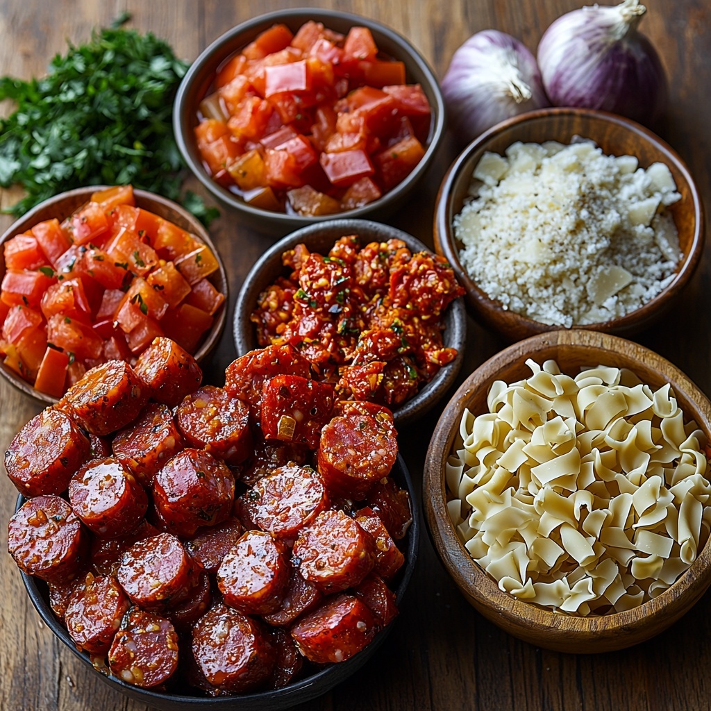 Smoked sausage slices arranged in a small rustic bowl, plump and glossy with a rich reddish-brown color; three cloves of garlic, peeled and minced, scattered beside a small pile; diced red bell pepper vibrant and glossy next to finely diced white onion; small ceramic bowls containing bright red crushed tomatoes, creamy white heavy cream, and golden olive oil with a slight sheen; a measuring cup filled with pale golden chicken broth; a handful of uncooked rotini pasta, pale yellow with a textured spiral shape, laid out neatly; teaspoons of Cajun seasoning, paprika, black pepper, and salt in small wooden spoons, their warm reddish and earthy hues contrasting with the other ingredients; a small pile of shredded Parmesan cheese, snowy white and slightly crumbly; fresh bright green parsley sprigs placed delicately for garnish. All ingredients are meticulously arranged on a clean, light wooden surface with soft natural light enhancing the vibrant colors and varied textures, creating an inviting and balanced composition that highlights each element’s freshness and character. Overhead shot, top down view, flat lay photography, professional food styling --ar 1:1 --q 2 --s 750 --v 6.1