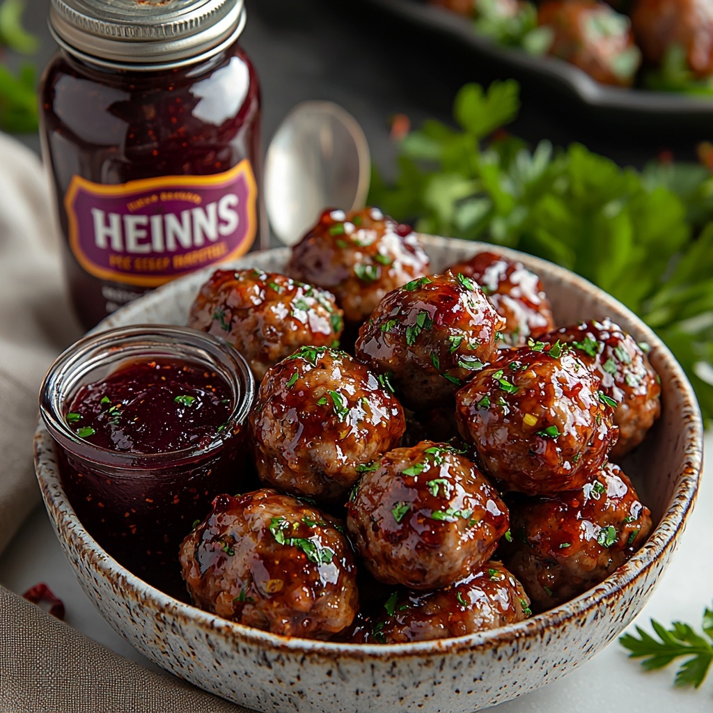 Frozen homestyle meatballs in a rustic bowl, glossy deep purple grape jelly in a small glass jar alongside a spoon, vibrant red Heinz chili sauce in a sleek bottle partially open with sauce dripping slightly, all neatly arranged on a clean white marble surface. The meatballs showcase a textured, slightly frosted appearance; the grape jelly reveals its smooth, translucent, jelly-like texture catching soft light; the chili sauce bottle contrasts with a bold matte label and shiny red sauce. Scattered fresh herbs and a few chili pepper flakes add pops of green and red for contrast. Soft natural light highlights the rich colors and textures, creating gentle shadows that define each ingredient’s shape. Minimal props, including a neutral linen napkin folded softly beside the arrangement, enhance the clean, modern aesthetic. Overhead shot, top down view, flat lay photography, professional food styling --ar 1:1 --q 2 --s 750 --v 6.1