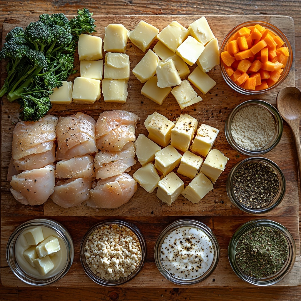 A clean, light wooden surface with an artful flat lay arrangement of the ingredients for white chicken lasagna soup: two boneless, skinless chicken breasts halved, a small bowl of golden olive oil, a few tablespoons of salted butter cubes, a finely diced yellow onion, diced bright orange carrot, and chopped celery stalks creating soft green hues; several peeled garlic cloves and a small pile of minced garlic; fresh vibrant green broccoli florets in a neat cluster; small bowls with visible piles of salt, black pepper, garlic powder, onion powder, and herbes de Provence herbs; a small mound of all-purpose flour; a clear glass jar of pale chicken broth, a small pitcher of creamy heavy cream, broken pieces of pale yellow lasagna sheets scattered casually; and a heap of finely grated Parmesan cheese with its snowy texture catching light. The ingredients are spaced thoughtfully with natural light casting soft shadows, subtle props like a linen napkin and wooden spoons enhancing the scene. The overall mood is fresh, inviting, and rustic yet clean, highlighting the vibrant colors and textures. Overhead shot, top down view, flat lay photography, professional food styling --ar 1:1 --q 2 --s 750 --v 6.1