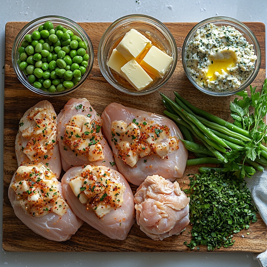 A clean white surface with all main ingredients of a slow cooker chicken stuffing recipe neatly arranged for flat lay photography: two plump raw chicken breasts with a pale pink hue placed centrally on a wooden cutting board; three cloves of garlic, peeled and minced, displayed in a small white ceramic bowl; a small glass jar of Italian seasoning with vibrant green and brown dried herbs visible; a clear glass measuring cup filled with golden chicken broth; a cluster of fresh green beans, bright and crisp, alongside a small bowl of frozen green beans with a light frost texture; two unopened cans of cream of chicken soup with subtle off-white labels; an open box of stovetop stuffing mix spilling out golden-brown dried breadcrumbs and herbs; six tablespoons of melted butter in a small clear glass bowl showing a rich golden-yellow color, some butter drizzled elegantly on the side as decoration. The ingredients are spaced evenly with natural light casting soft shadows, emphasizing textures—such as the smoothness of chicken breasts, the moisture of broth, the crumbly stuffing mix, and the glossy butter. Minimal props, clean lines, and subtle rustic accents like a linen napkin and natural wooden elements enhance the fresh, homemade vibe. Overhead shot, top down view, flat lay photography, professional food styling --ar 1:1 --q 2 --s 750 --v 6.1