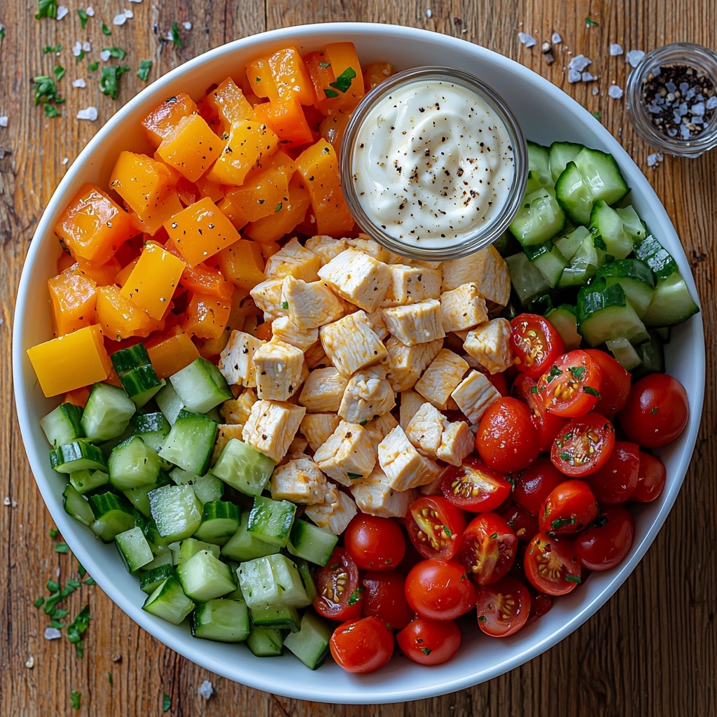 rotini or penne pasta uncooked in a small white bowl, cooked diced chicken breast pieces neatly piled beside it, bright red halved cherry tomatoes arranged in a small cluster, fresh diced green cucumber cubes in a separate section, vibrant red diced bell pepper pieces aligned in a row, chopped green onions scattered lightly around, creamy white mayonnaise and thick pale Greek yogurt in two small glass ramekins, a small spoonful of golden Dijon mustard beside them, a wedge of fresh lemon with a few drops of lemon juice visible, salt and black pepper in vintage small bowls, a few sprigs of bright green fresh parsley for garnish, all ingredients arranged artfully with ample negative space on a smooth light wood surface, natural soft daylight illuminating colors and textures, shadows gently diffused, clean, minimalist styling with a rustic yet elegant vibe, overhead shot, top down view, flat lay photography, professional food styling --ar 1:1 --q 2 --s 750 --v 6.1