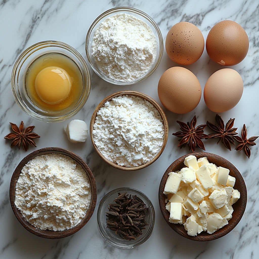 A clean white marble surface with the main ingredients for Anise Pizzelle Cookies arranged in a visually pleasing flat lay: two large brown eggs in a small ceramic bowl, a glass bowl filled with fine white granulated sugar, a small glass dish with melted golden-yellow unsalted butter, a tiny white porcelain spoon holding amber-colored anise extract, a small clear dish with translucent vanilla extract, a wooden bowl heaped with soft white all-purpose flour, a small heap of fine white baking powder, and a pinch of pale salt crystals scattered softly nearby. The textures contrast beautifully—smooth eggshells, glossy melted butter, powdery flour, and shiny glass bowls. Natural daylight softly illuminates the scene casting gentle shadows, with sprigs of dried anise seeds sprinkled artistically around for a rustic touch. Overhead shot, top down view, flat lay photography, professional food styling --ar 1:1 --q 2 --s 750 --v 6.1
