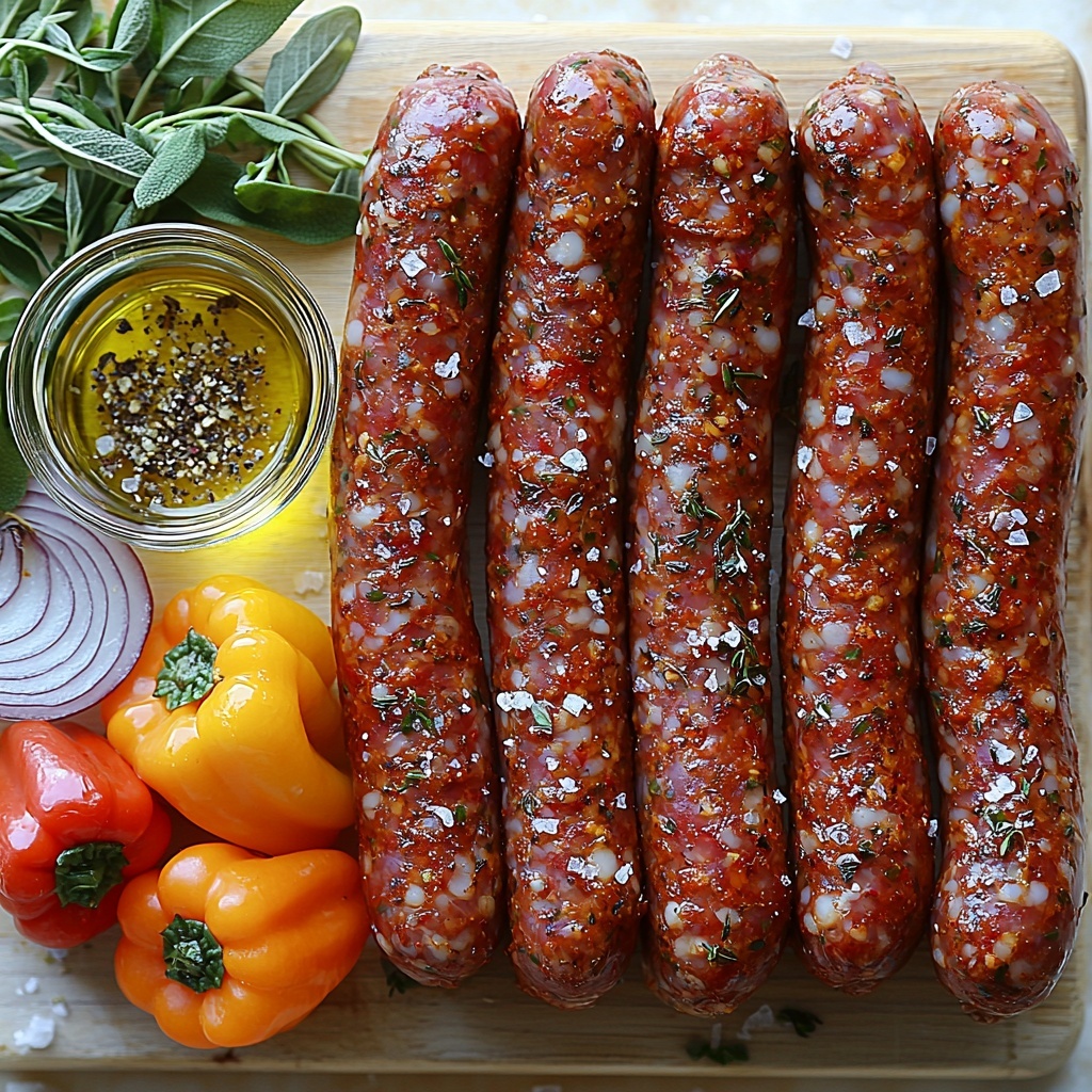 Italian sausages (mild and spicy varieties) arranged whole and sliced to show juicy, browned interior; three whole bell peppers—green, red, and orange—sliced into vibrant, crisp strips; one whole onion sliced lengthwise with translucent layers visible; small glass bowl of golden olive oil mixed with flecks of dried oregano, coarse salt, and freshly ground black pepper; ingredients artfully spaced on a pristine white or light wooden surface to emphasize natural colors and textures, with rustic natural light casting soft shadows; scattered oregano leaves and peppercorns add visual interest; a casual yet refined arrangement highlighting freshness and rustic simplicity; overhead shot, top down view, flat lay photography, professional food styling --ar 1:1 --q 2 --s 750 --v 6.1