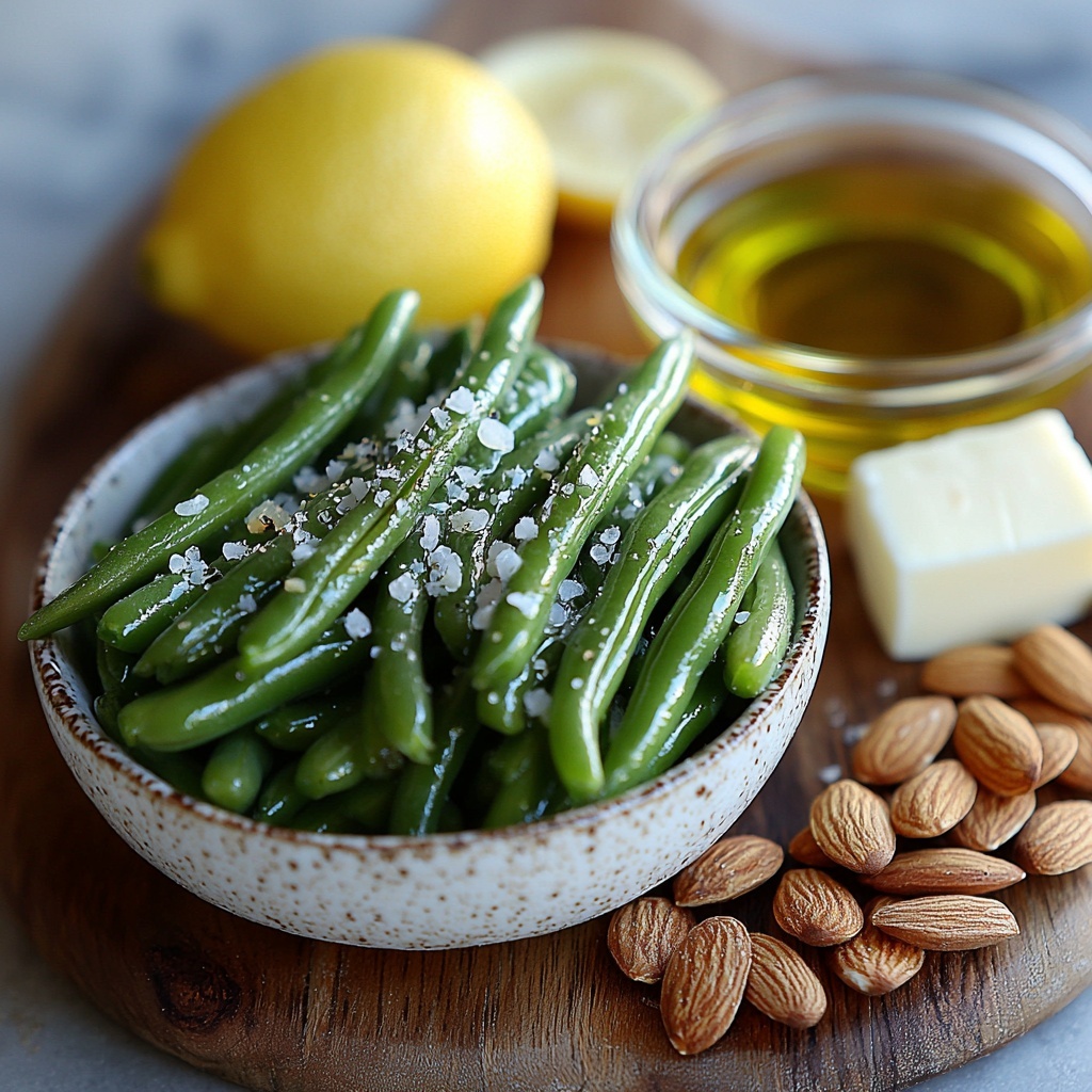 fresh green beans trimmed and vibrant bright green, small pile of sliced almonds toasted golden brown with a slight sheen, two garlic cloves peeled and minced finely arranged in a small white ceramic bowl, a small drizzle puddle of rich olive oil, a pat of creamy butter on a wooden butter knife, a small heap of coarse sea salt crystals, a few cracks of black peppercorns scattered artistically, thin strips of bright yellow lemon zest loosely coiled, a small glass dish with fresh lemon juice showing clear pale yellow liquid; all ingredients carefully spaced on a clean, smooth white surface to emphasize natural colors and textures, soft natural lighting casting gentle shadows, minimalist styling with subtle rustic touches such as a light linen napkin edge visible, focus on freshness and vivid contrast between greens, yellows, and warm almond browns, overhead shot, top down view, flat lay photography, professional food styling --ar 1:1 --q 2 --s 750 --v 6.1