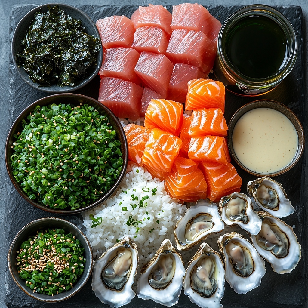 Fresh oysters on half shells resting on a bed of crushed ice with a small bowl of clear ponzu sauce nearby; vibrant green seaweed salad glistening with sesame oil in a glass bowl; fluffy white sushi rice in a ceramic bowl with a small dish of translucent rice vinegar beside it; bright deep red tuna sashimi and rich orange salmon sashimi slices artfully fanned out on a dark slate plate; crisp rectangular nori sheets stacked neatly; a small dollop of vivid green wasabi paste on a minimalist white spoon; thin, pale pink pickled ginger slices in a delicate porcelain dish; golden-brown grilled miso black cod fillets with visible glaze, placed beside thin white rounds of daikon radish and scattered bright green chopped green onions; rustic bowl of deep brown miso paste alongside small cups of pale amber sake and mirin; an elegant glass with creamy pale green matcha pudding topped with chopped light beige nuts (almonds and pistachios); a small bottle of sesame oil with a rich golden sheen; components arranged on a clean matte white surface, balanced composition emphasizing natural textures and fresh colors, soft natural lighting highlighting moisture and gloss, subtle shadows for depth, styled with minimal props and a touch of traditional Japanese aesthetic for harmony and elegance — overhead shot, top down view, flat lay photography, professional food styling --ar 1:1 --q 2 --s 750 --v 6.1