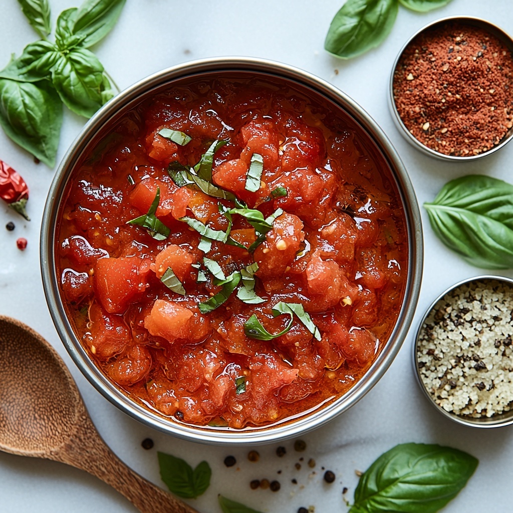 14.5 ounce can of diced tomatoes with visible juicy red chunks and some tomato juice spilling slightly, next to a small open can of thick, rich, deep red tomato paste with a smooth texture; scattered around are small piles of granulated white sugar, dried oregano leaves in a small heap showing green, dried basil flakes with muted green hues, and crushed red pepper flakes with vibrant red and orange specks; all ingredients arranged neatly and evenly spaced on a clean, bright white matte surface enhancing the contrast of the reds and greens, natural soft lighting highlighting the textures and freshness, minimal shadows for clarity, styled with a rustic wooden spoon and a few fresh basil leaves casually placed nearby for color balance and interest, crisp and vivid colors, overhead shot, top down view, flat lay photography, professional food styling --ar 1:1 --q 2 --s 750 --v 6.1