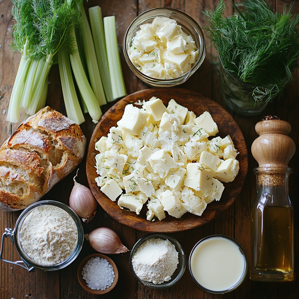 medium fennel bulb with pale green fronds and layered white base, two crisp celery stalks vibrant light green, one medium yellow onion with golden-yellow papery skin, four tablespoons creamy butter slabs, small mound of off-white self-rising flour on a rustic ceramic dish, measuring cup filled with rich amber crab base broth, glass container holding silky white heavy cream, elegant bottle of clear cooking sherry with golden hue, glass jars with half and half and whole milk showing smooth creamy textures, generous pile of fresh lump crab meat with delicate pinkish-white flakes, coarse salt and whole peppercorns scattered artfully, crusty golden-brown loaf of bread with rustic crackled crust sliced partially, small bunches of bright green fresh herbs like dill and parsley for garnish — all arranged neatly on a clean, warm wooden surface with soft natural lighting enhancing the varied textures and vibrant colors, subtle shadows adding depth and warmth, overhead shot, top down view, flat lay photography, professional food styling --ar 1:1 --q 2 --s 750 --v 6.1