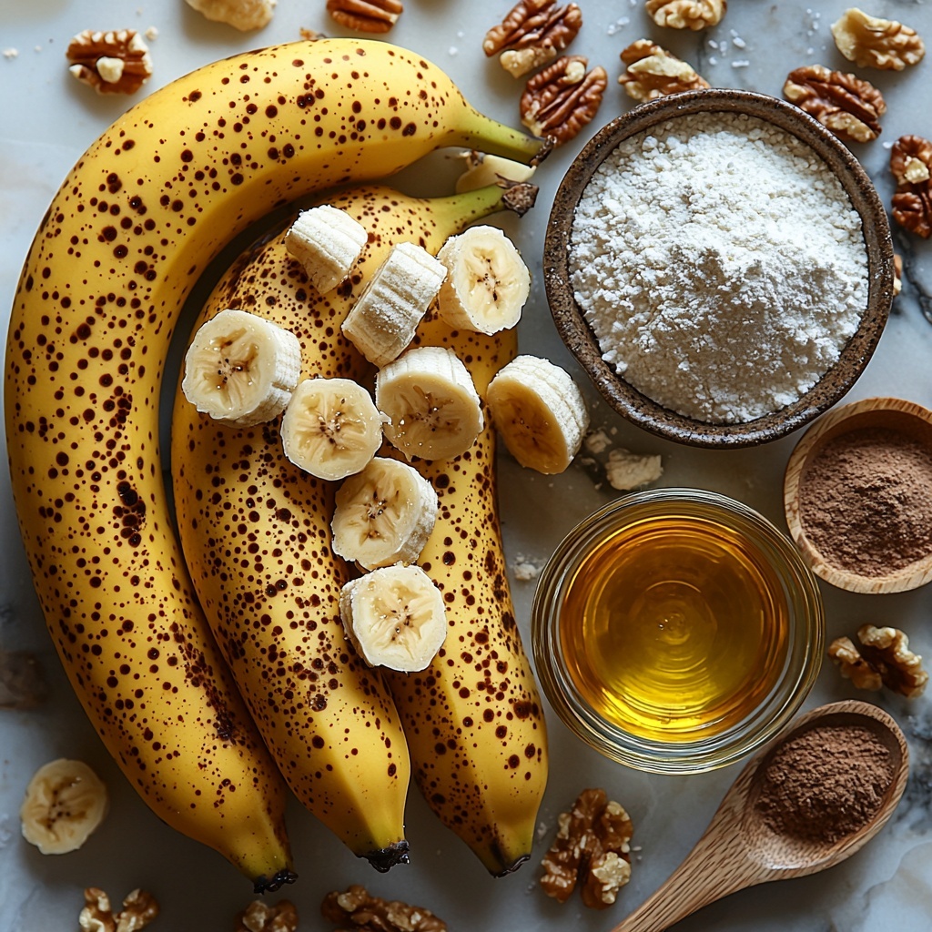 3 medium overripe bananas with speckled yellow and brown skins, organic granulated sugar in a small rustic ceramic bowl, organic brown sugar in a separate small bowl with visible coarse crystals, a glass jar of golden canola oil with light reflecting off the smooth surface, a small clear glass bowl with amber vanilla extract, 2 cups all-purpose flour loosely piled on a wooden cutting board showing fine powdery texture, a heap of baking soda powder in a tiny white ceramic spoon, ground cinnamon in a tiny rustic bowl with warm reddish-brown tones, a pinch of sea salt crystals in a delicate porcelain dish, 1 cup chopped walnuts with varied shapes and rich earthy browns scattered loosely on a linen napkin, a clean white background surface with natural soft daylight casting gentle shadows, ingredients carefully spaced to create balanced composition emphasizing varied textures and natural colors, subtle props including a wooden spoon and a linen cloth folded neatly nearby, overhead shot, top down view, flat lay photography, professional food styling --ar 1:1 --q 2 --s 750 --v 6.1
