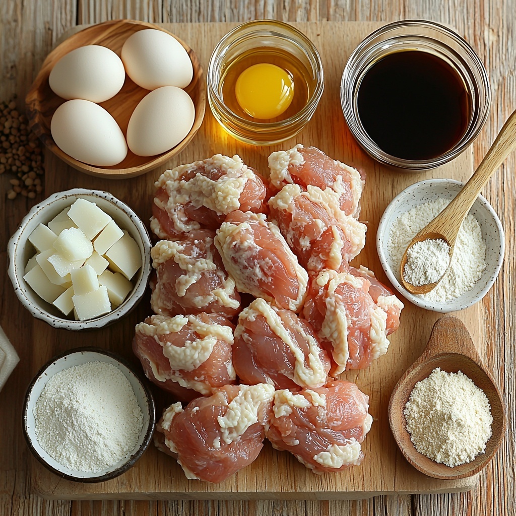 10 whole raw chicken wings with pale pink skin, small clear glass bowls containing golden yellow vegetable oil, fine white salt, light brown garlic powder, white granulated sugar, off-white white pepper powder, pale beige ground ginger, beige onion powder, dark amber sesame oil, white flour, white cornstarch in small ceramic dishes, a dark soy sauce puddle in a glossy black bowl, a glossy light amber mirin in a small glass container, a small white bowl with a glossy whisked egg, all neatly arranged on a clean, light wooden surface with soft natural lighting highlighting textures and subtle shadows, some raw wings slightly overlapping for depth, ingredients spaced evenly with minimalist styling, fresh and inviting atmosphere, overhead shot, top down view, flat lay photography, professional food styling --ar 1:1 --q 2 --s 750 --v 6.1