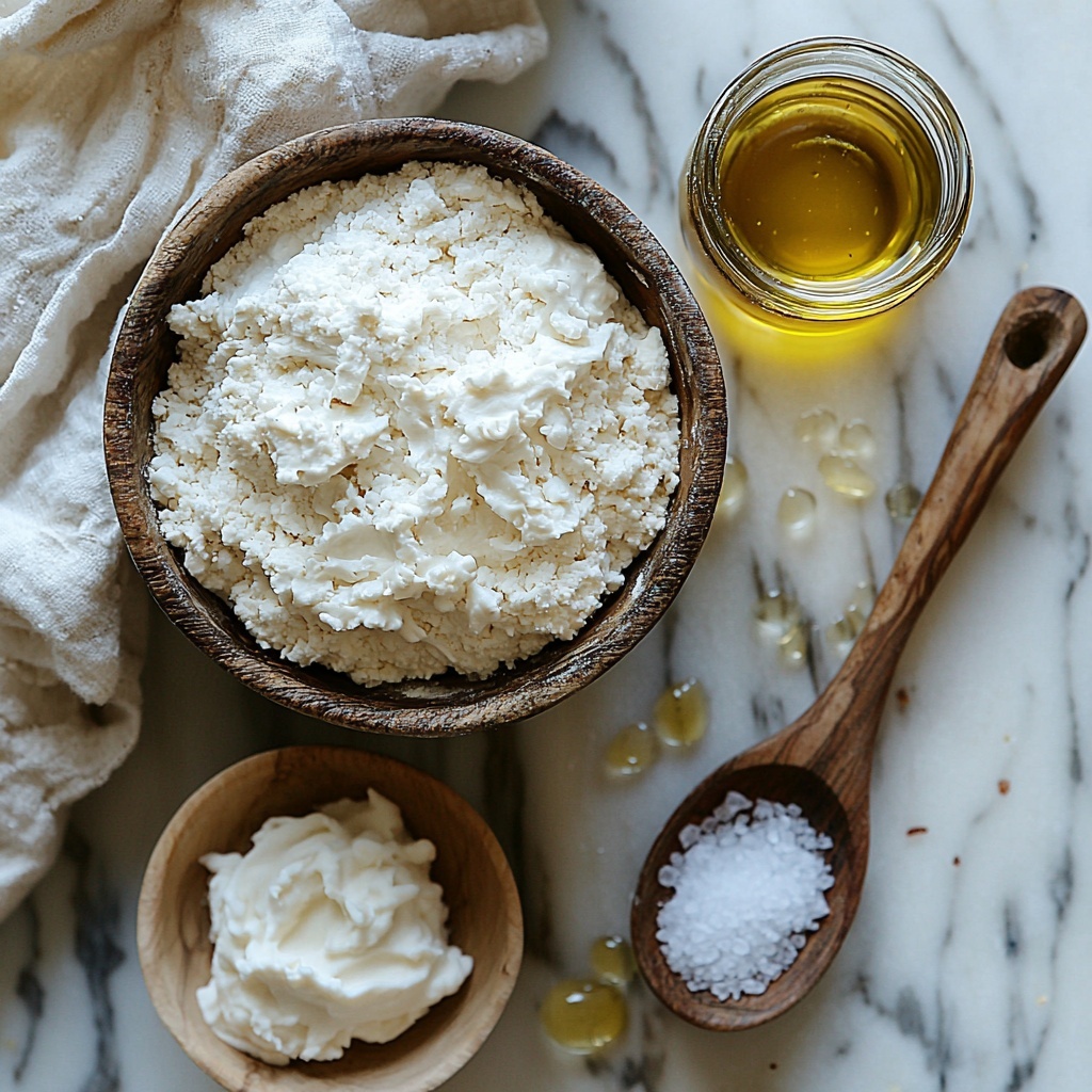 3 cups all-purpose flour in a small rustic ceramic bowl with a light dusting sprinkled around it, 1 cup active sourdough starter in a transparent glass jar showing its bubbly texture, 1 cup lukewarm water in a clear measuring cup with soft condensation, 2 teaspoons coarse sea salt scattered in a small white porcelain dish, 2 tablespoons golden olive oil in a shallow olive green ceramic bowl with a glossy surface; all ingredients carefully arranged on a clean white marble surface with natural light casting soft shadows, fine details emphasizing the contrasting textures of powdery flour, bubbly starter, smooth water, crystalline salt, and shiny olive oil, styled with a small linen kitchen towel casually folded nearby and a vintage wooden spoon resting gently to the side, minimalistic and airy composition, overhead shot, top down view, flat lay photography, professional food styling --ar 1:1 --q 2 --s 750 --v 6.1