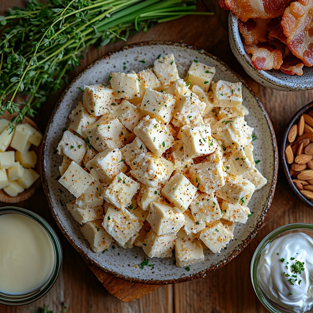Ritz crackers crushed into coarse golden crumbs in a small rustic bowl, next to a block of butter melting softly on a white ceramic dish; juicy diced rotisserie chicken piled loosely on a wooden board, cream of chicken soup in a vintage enamel can with the label clearly visible, thick and creamy sour cream dolloped neatly in a small white ramekin; a generous mound of shredded sharp cheddar cheese with vibrant orange tones spilling slightly onto a linen napkin; thinly sliced bright green onions scattered artfully beside a small bowl of pale beige slivered almonds; crispy, crumbled bacon pieces arranged on a rustic dark slate plate showcasing rich mahogany and reddish hues. All ingredients are arranged separately but harmoniously on a clean, light-colored wooden surface with natural light casting soft shadows, subtle linen fabric pieces adding texture, and minimal props emphasizing freshness and hominess. Overhead shot, top down view, flat lay photography, professional food styling --ar 1:1 --q 2 --s 750 --v 6.1