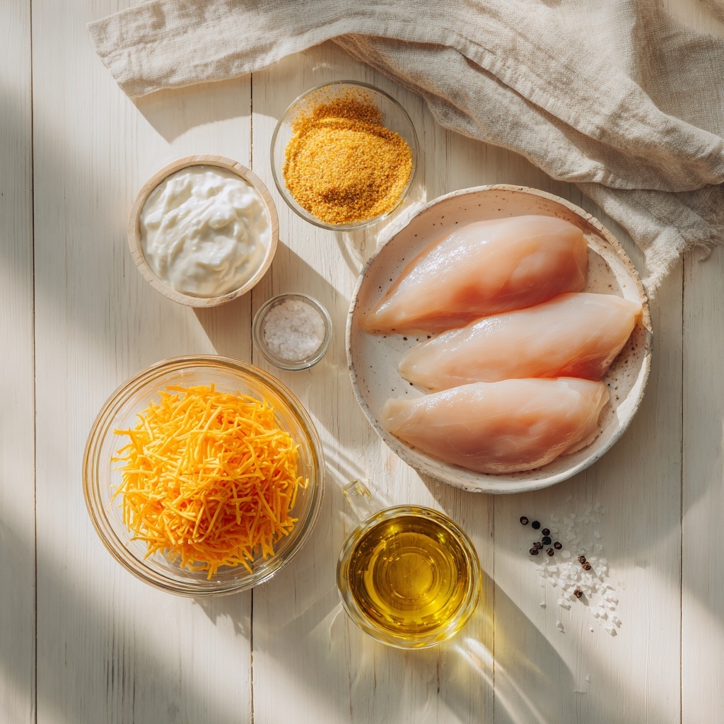 4 boneless skinless chicken breasts raw, pink and plump, arranged neatly on a clean white ceramic platter; a small glass bowl filled with smooth, creamy sour cream, bright white color; a small packet of golden brown onion soup mix with coarse, crumbly texture displayed open next to the bowl; a pile of shredded cheddar cheese, vibrant orange-yellow, soft and slightly fluffy, loosely spread on a wooden board; a small clear glass dish containing rich golden olive oil with a subtle sheen; scattered sea salt crystals and cracked black peppercorns on the white surface adding texture; all ingredients arranged artfully on a pristine white marble countertop with natural soft daylight illuminating from the side, creating gentle shadows and highlighting textures, minimalistic styling with hints of rustic charm, fresh and inviting composition, overhead shot, top down view, flat lay photography, professional food styling --ar 1:1 --q 2 --s 750 --v 6.1