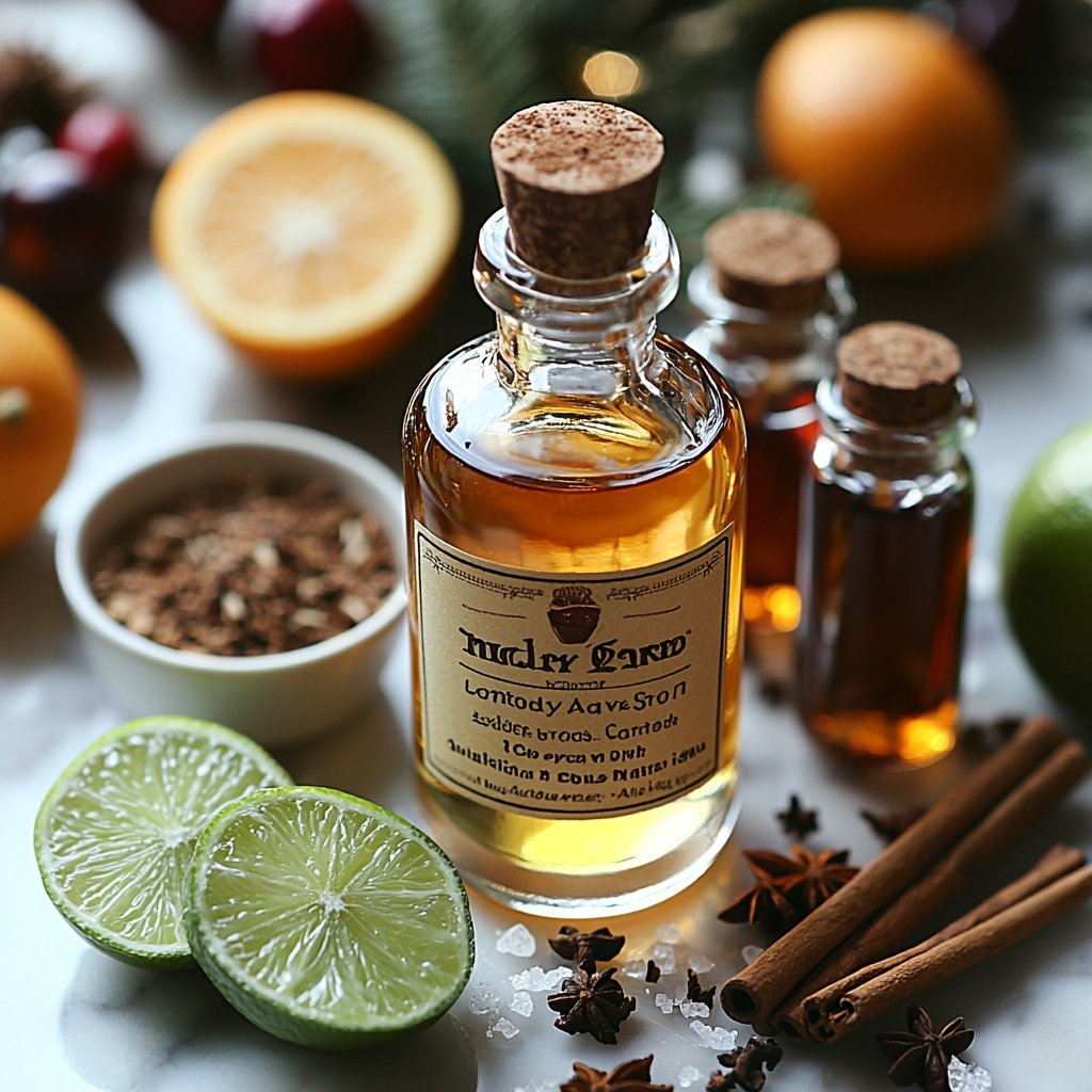 2 ounces clear tequila in a small glass bottle, fresh whole limes and a halved lime showing vibrant green flesh, a small glass jar of golden agave syrup with a wooden honey dipper, a clear bottle of bright red cranberry juice, a small elegant bottle of orange liqueur with amber liquid, cinnamon powder scattered lightly on the surface and in a small ceramic bowl, a pinch of ground nutmeg and allspice presented in tiny white porcelain spoons, a small bowl of coarse white sugar mixed with cinnamon for rimming, coarse salt grains visible, fresh ice cubes scattered artfully, lime wedges and a cinnamon stick for garnish, all ingredients neatly arranged on a clean matte white surface with soft natural light creating gentle shadows, textured linen napkin folded beside the ingredients, warm festive tones with pops of red and green, minimalistic and tidy styling emphasizing the fresh colors and rustic textures, overhead shot, top down view, flat lay photography, professional food styling --ar 1:1 --q 2 --s 750 --v 6.1