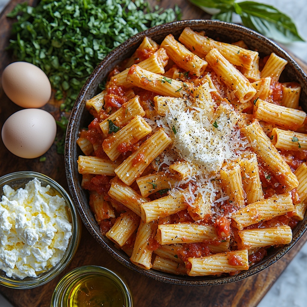 A clean, bright white surface with all main ingredients for meatless baked ziti arranged neatly for flat lay photography: a rustic mound of uncooked golden ziti pasta, a small bowl of vibrant red marinara sauce with visible tomato chunks and herbs, a ceramic bowl of creamy white ricotta cheese with a smooth texture, a small bowl containing a single large raw egg with bright orange yolk, a heap of shredded mozzarella cheese showing fluffy, stringy texture in soft white tones, a small pile of finely grated Parmesan cheese with a slightly granular texture and pale yellow hue, fresh bright green chopped basil and parsley leaves scattered lightly in a small dish, two whole garlic cloves alongside minced garlic on a wooden spoon, a small glass dish with golden olive oil reflecting light, all elements spaced evenly with subtle shadows adding depth, styled with a few fresh herb sprigs and a folded linen napkin in neutral colors nearby to add warmth, natural soft lighting highlighting the freshness and textures, overhead shot, top down view, flat lay photography, professional food styling --ar 1:1 --q 2 --s 750 --v 6.1