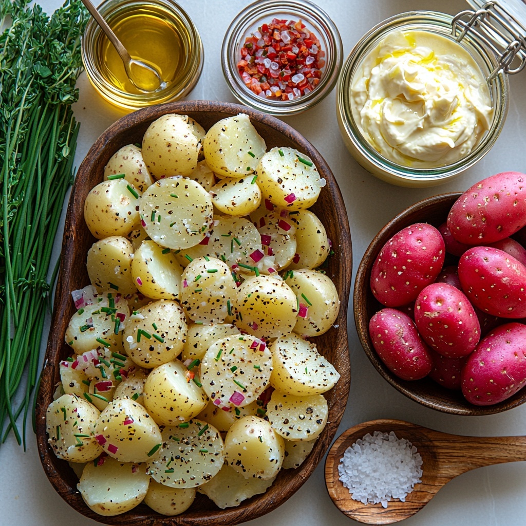 baby Yukon gold potatoes and red potatoes whole and halved, small white bowl of finely chopped bright green chives, small white bowl of finely chopped fresh tarragon with vibrant green leaves, small glass bowl of golden extra virgin olive oil with glossy surface, small white bowl of freshly squeezed lemon juice pale yellow, two small bowls side by side—one with smooth pale yellow Dijon mustard, one with grainy mustard textured with mustard seeds, small white bowl of creamy white mayonnaise with glossy texture, small pile of finely chopped bright green and red peperoncini peppers, kosher salt crystals scattered sparingly near a tiny wooden spoon, all ingredients arranged neatly on a clean white marble surface with soft natural light, shadows soft and diffused, composition balanced with rustic kitchen towel folded delicately nearby, pops of green and yellow creating fresh, vibrant color palette, textures contrasting from smooth oil and mayonnaise to rough grainy mustard and crisp herbs, overhead shot, top down view, flat lay photography, professional food styling --ar 1:1 --q 2 --s 750 --v 6.1