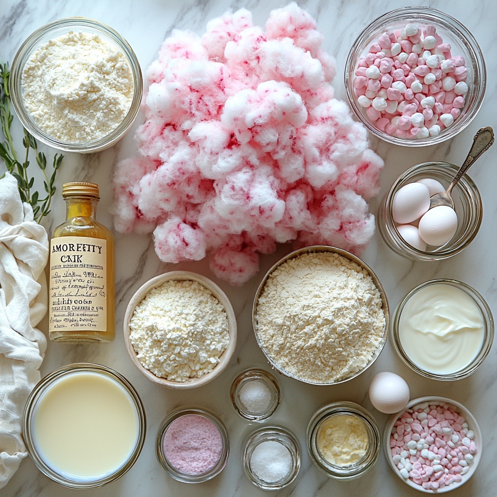 A clean, light wooden surface neatly arranged with the main ingredients for a cotton candy cake: a small glass bowl of sifted white cake flour, a white ceramic spoon with fine baking powder, a small heap of baking soda on a minimalist white dish, a pinch of salt in a tiny clear glass bowl; a transparent measuring cup filled with granulated white sugar, a square block of unsalted butter resting on parchment paper, four large fresh egg whites in a small glass bowl, a small glass jug of pale yellow vegetable oil; a tiny bottle labeled 