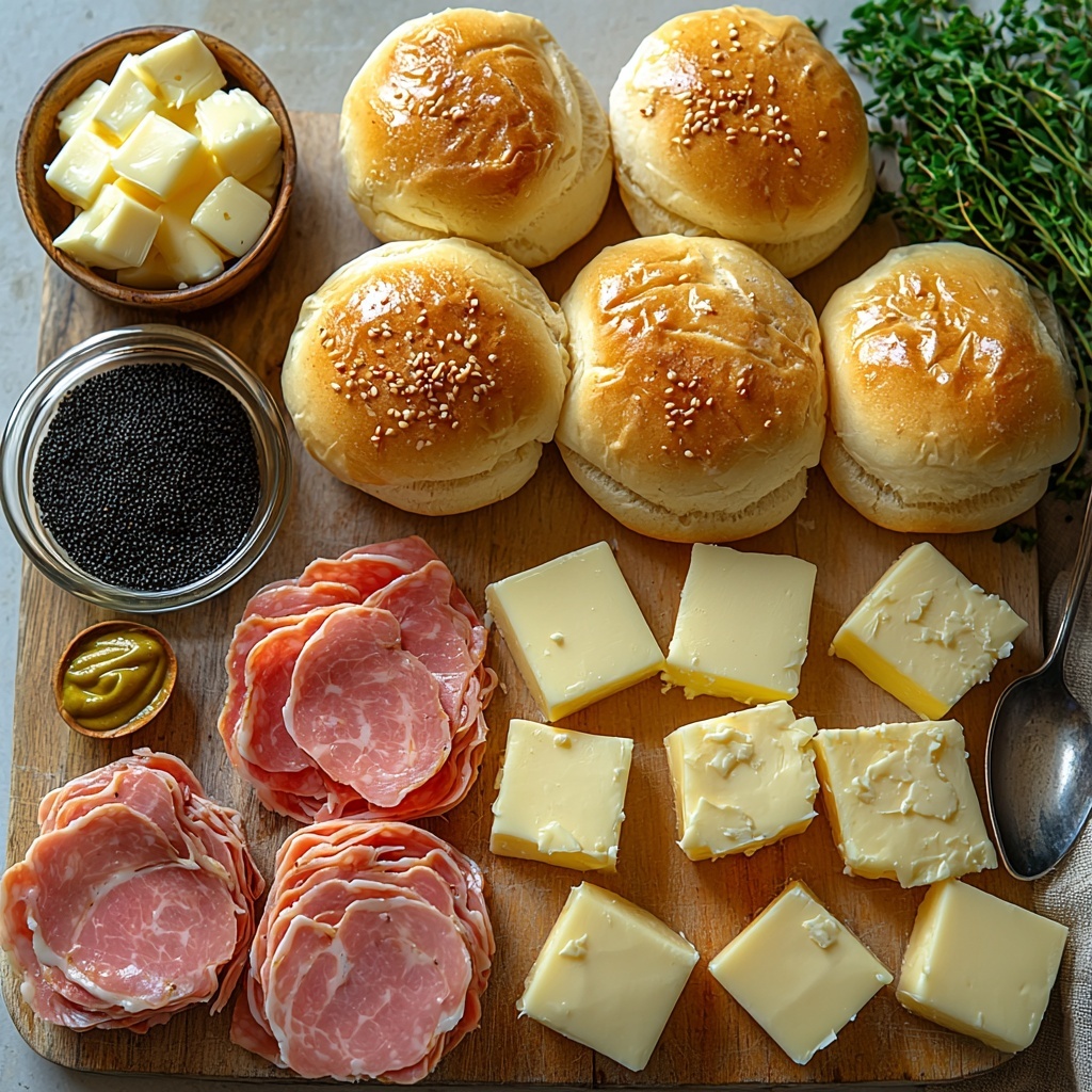 Ham and Cheese Sliders ingredients arranged on a clean white surface: a stack of soft, golden Hawaiian rolls with shiny, smooth tops; thin, pink slices of cooked deli ham fanned out next to them; pale yellow Swiss cheese slices with characteristic holes neatly layered; a small glass bowl containing melted butter with a glossy texture; a tiny bowl of mustard with a smooth, creamy yellow surface; a small wooden bowl filled with black poppy seeds; a spoon resting beside a small dish of dark, glossy Worcestershire sauce; a small pile of fine, light beige onion powder scattered artfully on the surface. The arrangement is balanced and airy, with natural daylight highlighting the contrasting colors and textures—the soft rolls, delicate ham, smooth cheese, and varied condiments—styled with minimal props like a rustic wooden cutting board and subtle linen napkin edges to add warmth and depth. The overall composition is crisp and clean, evoking freshness and inviting home cooking. Overhead shot, top down view, flat lay photography, professional food styling --ar 1:1 --q 2 --s 750 --v 6.1