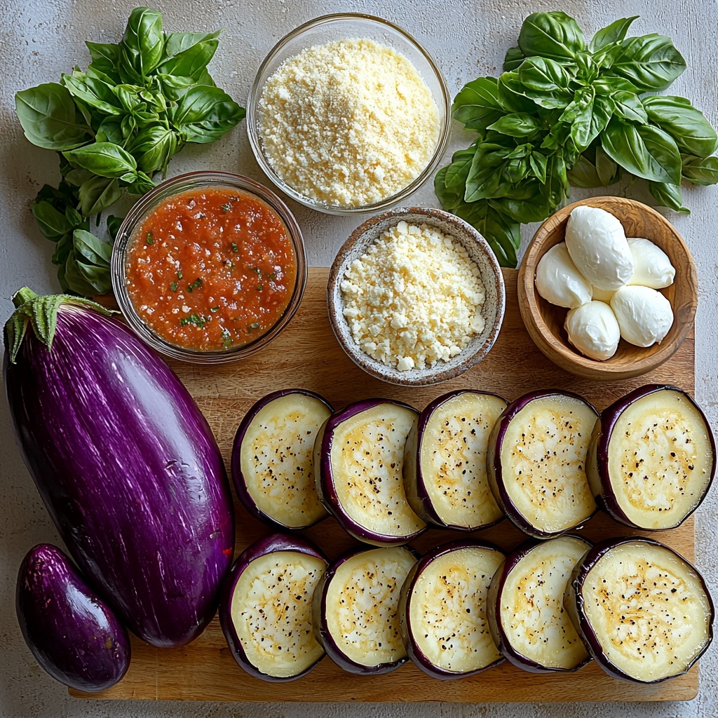 /Imagine a clean, bright white surface with all main ingredients for Air Fryer Eggplant Parmesan neatly arranged for an overhead flat lay shot. A large glossy purple eggplant, partially sliced into thick rounds, sits at the center. Nearby, a small clear glass bowl holds finely grated pale yellow Parmesan cheese. Next to it, a medium bowl contains golden brown seasoned bread crumbs mixed with Italian seasoning and garlic powder, showing a coarse, crumbly texture. A shallow white dish is filled with smooth, light beige all-purpose flour. Another small bowl holds two beaten eggs with a rich yellow-orange hue, slightly frothy on top. A separate clear glass bowl contains vibrant red marinara sauce with visible herbs and tomato chunks. A neat pile of fluffy, white shredded mozzarella cheese sits on a wooden board. Fresh, bright green basil leaves and chopped parsley sprigs are scattered artistically around for a pop of color and freshness. The ingredients are spaced evenly with soft natural lighting highlighting the textures—glossy eggplant skin, powdery flour, crumbly breading, and creamy cheese—all styled cleanly for a modern, appetizing presentation. Overhead shot, top down view, flat lay photography, professional food styling --ar 1:1 --q 2 --s 750 --v 6.1