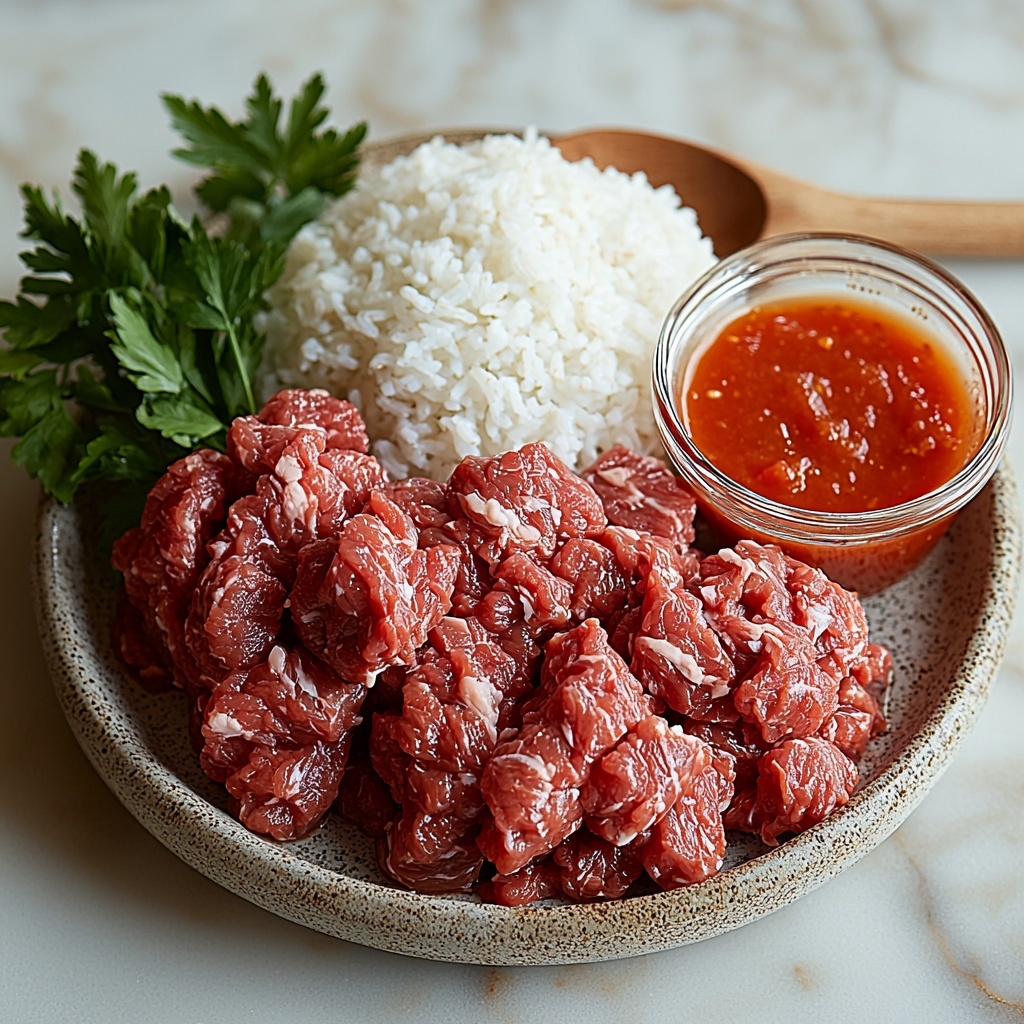 A clean white surface featuring neatly arranged main ingredients: a small mound of raw ground beef with rich red and marbled textures on a rustic ceramic plate, a clear glass bowl filled with fluffy uncooked white rice grains, a transparent measuring cup with golden-brown beef broth shimmering inside, and a small white ramekin of smooth, vibrant red tomato sauce. Fresh sprigs of parsley and a wooden spoon add natural accents, subtle shadows creating depth. The colors contrast beautifully—deep red beef, bright white rice, warm amber broth, and vivid tomato red—all staged with minimal props to highlight textures and freshness. Overhead shot, top down view, flat lay photography, professional food styling --ar 1:1 --q 2 --s 750 --v 6.1