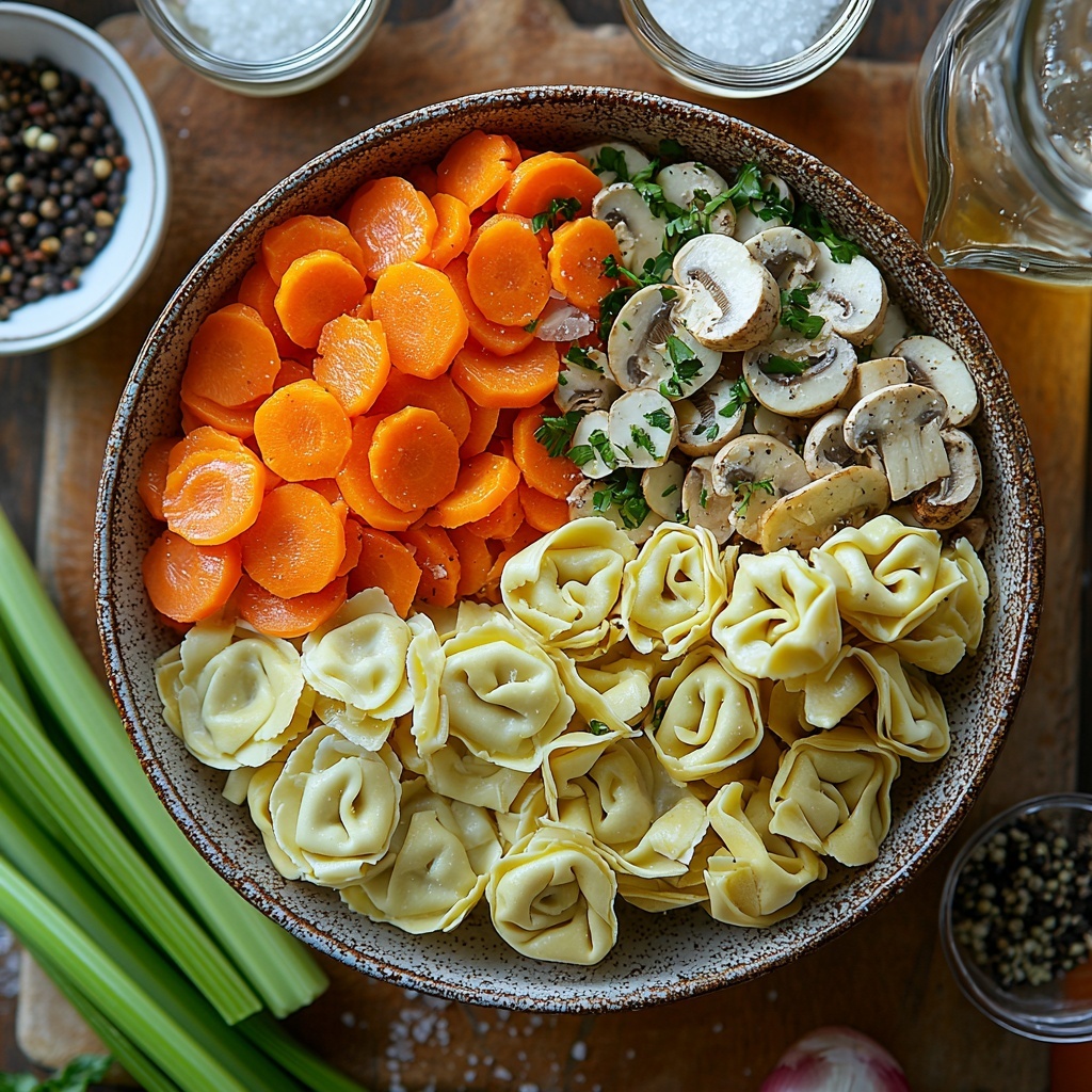 three cheese tortellini uncooked in a small rustic bowl, chopped celery stalks bright green scattered neatly beside, finely chopped pale yellow onion in a small white dish, peeled and chopped vibrant orange carrot pieces arranged in a neat pile, minced garlic cloves tiny and white on a delicate ceramic spoon, sliced dark brown baby bella mushrooms and sliced deep brown shiitake mushrooms placed side by side on a slate board, a small wedge of off-white Parmigiano Reggiano rind resting nearby, two teaspoons of creamy yellow butter on a glass dish, a clear glass measuring cup filled with golden reduced sodium chicken broth, another glass container with fresh clear water, small bowls containing coarse sea salt and fresh ground black pepper, all ingredients arranged thoughtfully on a clean, light wood surface with soft natural lighting enhancing the vivid colors and varied textures, minimal shadows, subtle rustic kitchen props nearby for context, overhead shot, top down view, flat lay photography, professional food styling --ar 1:1 --q 2 --s 750 --v 6.1
