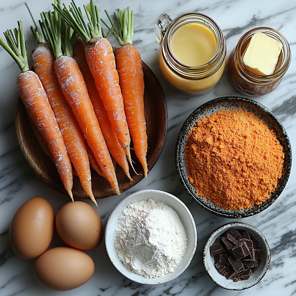 2 cups grated bright orange carrots in a small rustic bowl, whole medium fresh carrots with vibrant green tops, 1 cup white granulated sugar in a clear glass jar, 1 cup golden vegetable oil in a small glass pitcher, 4 large brown eggs arranged neatly on a white ceramic plate, 2 cups all-purpose flour in a wooden bowl with a rustic spoon, 1 tablespoon light beige baking powder in a small white ramekin, ½ teaspoon coarse salt in a tiny ceramic dish, 1 cup rich dark brown unsweetened cocoa powder in a matte black bowl, 1 can shiny metal container of sweetened condensed milk, 2 tablespoons creamy yellow butter on a small wooden cutting board, 1 teaspoon amber vanilla extract in a small glass bottle, and a small bowl of glossy dark chocolate sprinkles for garnish — all ingredients carefully spaced on a clean white marble surface with soft natural light casting gentle shadows, subtle textures of powder, smoothness of glass and ceramics emphasized, warm and inviting color palette, delicate linen napkin folded casually on one side, minimalistic and elegant styling, overhead shot, top down view, flat lay photography, professional food styling --ar 1:1 --q 2 --s 750 --v 6.1