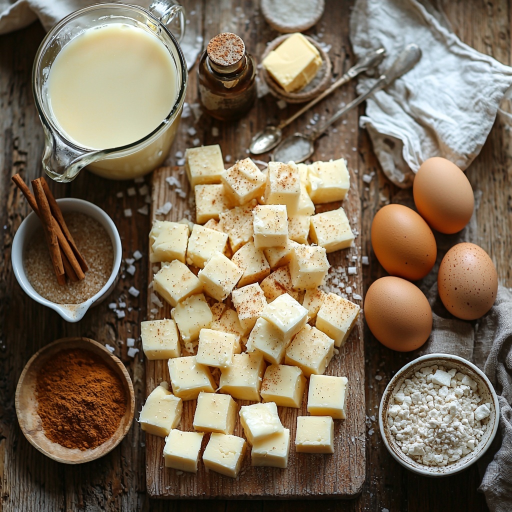 Day-old brioche and challah bread cubes in warm golden and creamy white tones, a glass pitcher of pale creamy eggnog, large brown eggs with smooth shells, a small white bowl of sparkling granulated sugar, a tiny rustic dish with vanilla extract dark amber liquid, cinnamon and nutmeg powders gently heaped on vintage ceramic spoons, a pinch of salt in a minimalist white ramekin, melted butter glowing softly in a clear glass container; all ingredients thoughtfully spaced on a clean, light wooden surface. Soft natural light casting gentle shadows, emphasizing the textures—the fluffy bread cubes, the glossy eggs, the fine sugar crystals, and the velvety spices. Additional styling elements include a small linen napkin folded neatly to one side and a silver teaspoon resting by the vanilla extract, enhancing the cozy, inviting atmosphere. overhead shot, top down view, flat lay photography, professional food styling --ar 1:1 --q 2 --s 750 --v 6.1