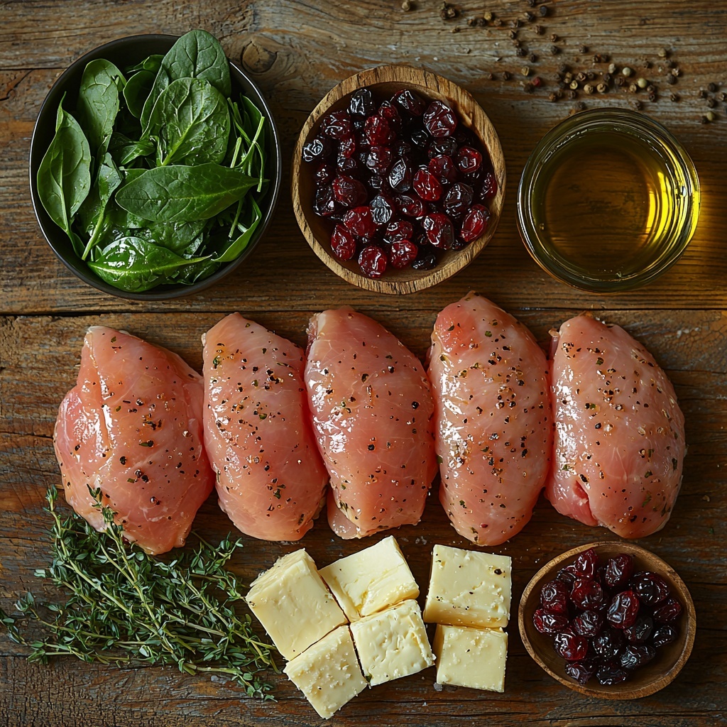 /Imagine a clean, bright wooden surface with the main ingredients for Cranberry & Spinach Stuffed Chicken Breasts elegantly arranged in a flat lay composition. Four raw boneless, skinless chicken breasts with a subtle sheen and pale pink color lay fanned out on one side. Nearby, a small glass bowl holds vibrant, deep green chopped fresh spinach with its leafy texture visible. A rustic ceramic dish contains glossy, dark red dried cranberries contrasting sharply against the spinach. Thin slices of creamy, off-white brie cheese with a soft, slightly crumbly texture are neatly stacked beside the chicken. A small wooden spoon drizzled with golden honey adds a warm amber glow. A small heap of fine black pepper and coarse sea salt crystals sits next to a delicate pile of dried thyme leaves, their muted green tones adding subtle earthiness. A clear glass bottle of olive oil with a greenish tint reflects light softly near the edge. The arrangement feels balanced and natural with soft, diffused natural lighting highlighting textures and colors, minimal shadows, and a clean, airy aesthetic. Overhead shot, top down view, flat lay photography, professional food styling --ar 1:1 --q 2 --s 750 --v 6.1