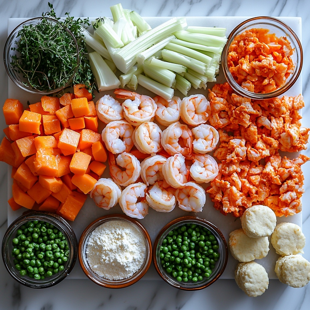 seafood pot pie ingredients flat lay on a clean white marble surface: small raw shrimp with delicate pink and translucent shells arranged neatly, chunks of bright orange lobster meat beside them, a pile of shredded pale pink crab meat nearby; fresh vegetables including vibrant orange chopped carrots, crisp light green celery sticks chopped into pieces, a minced shallot with purplish-white hues, scattered fresh green thyme sprigs; bright yellow corn kernels and fresh green peas in small bowls; five peeled garlic cloves minced and arranged loosely; a small dollop of deep red tomato paste on a ceramic spoon, a mound of off-white all-purpose flour dusted gently beside it; a small pool of golden melted butter glistening softly; measuring cups with rich creamy white heavy cream and light amber seafood and chicken stocks side by side; a box of cheddar bay biscuits with a few biscuits partially visible showing their golden crusts sprinkled with shredded cheddar cheese; rustic wooden spoon and small ramekins placed tastefully around; natural soft daylight casting gentle shadows emphasizing textures; clean, bright, high-resolution, minimalistic background emphasizing the freshness and color contrast of each ingredient; overhead shot, top down view, flat lay photography, professional food styling --ar 1:1 --q 2 --s 750 --v 6.1