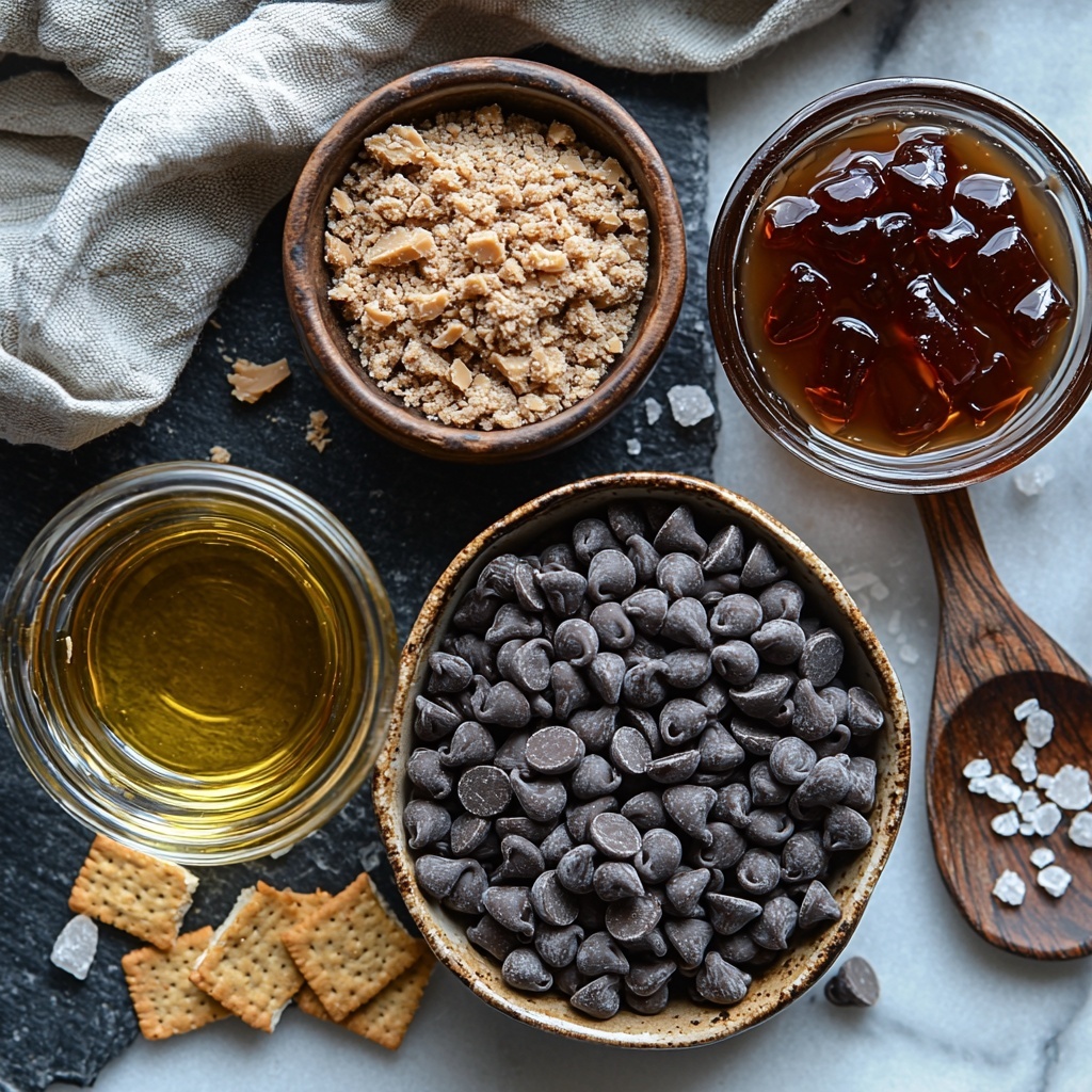 Semi-sweet chocolate chips in a small clear glass bowl, dark glossy and irregularly shaped; a tablespoon of smooth, translucent coconut oil in a tiny glass dish; creamy peanut butter in a rustic ceramic bowl, smooth and slightly glossy with soft beige color; a small bowl of fine white powdered sugar, light and powdery texture; coarse golden-brown graham cracker crumbs scattered artfully on a wooden spoon; a small glass bowl with bright red strawberry jelly, shiny and jelly-like; a tiny dish with golden vanilla extract, clear and amber-colored; a sprinkle of fine salt crystals on a dark slate surface nearby. All ingredients arranged neatly on a clean white marble countertop with soft natural light highlighting the varied textures and colors, minimal shadows, styled with a few wooden spoons and a folded linen napkin for warmth. Overhead shot, top down view, flat lay photography, professional food styling --ar 1:1 --q 2 --s 750 --v 6.1