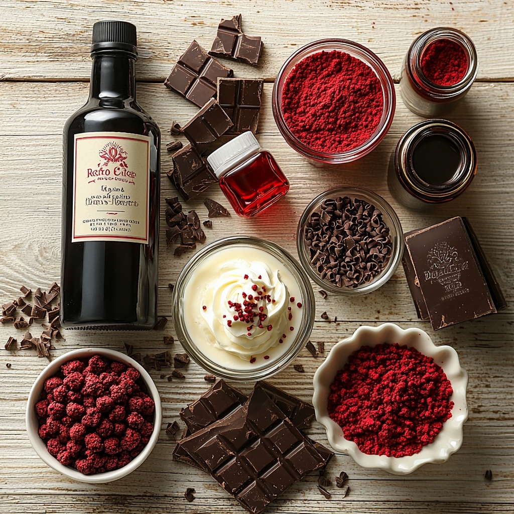 vanilla vodka bottle with a sleek label, a glass of Irish cream liqueur showing creamy texture, a small dark chocolate liqueur bottle, a clear glass bowl with heavy cream or half-and-half, a few drops of vibrant red food coloring in a small glass dish, a small white bowl filled with crushed red velvet cake crumbs or red sanding sugar showcasing bright red and sugary texture, a dollop of fluffy whipped cream on a delicate white ramekin, chocolate shavings scattered artistically on the surface alongside a small, moist red velvet cake piece with rich red color and velvety texture, all arranged neatly on a clean, light-colored wooden surface with soft natural light highlighting rich reds, creamy whites, and deep browns, subtle shadows adding depth, styled with minimalistic props like a silver teaspoon and a linen napkin to enhance elegance, overhead shot, top down view, flat lay photography, professional food styling --ar 1:1 --q 2 --s 750 --v 6.1