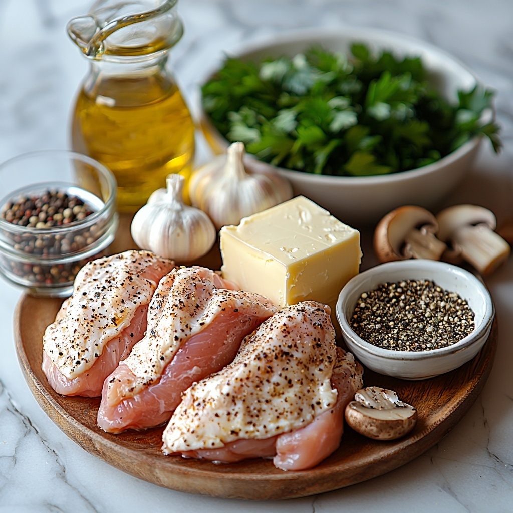 boneless skinless chicken breasts, small bowl of salt, small bowl of black pepper, glass bottle of olive oil, cube of unsalted butter on a dish, sliced mushrooms scattered, two garlic cloves whole and minced garlic in a small bowl, clear bowl of chicken broth, wedge of Boursin garlic & fine herbs cheese with texture visible, small jug of heavy cream, fresh parsley sprigs loosely arranged—all laid out neatly on a clean white marble surface with natural light highlighting the varied textures and colors: pinkish chicken, creamy white cheese, soft beige mushrooms, vibrant green parsley, translucent broth and cream, rustic wooden spoons and a linen napkin adding warmth and an inviting feel—overhead shot, top down view, flat lay photography, professional food styling --ar 1:1 --q 2 --s 750 --v 6.1