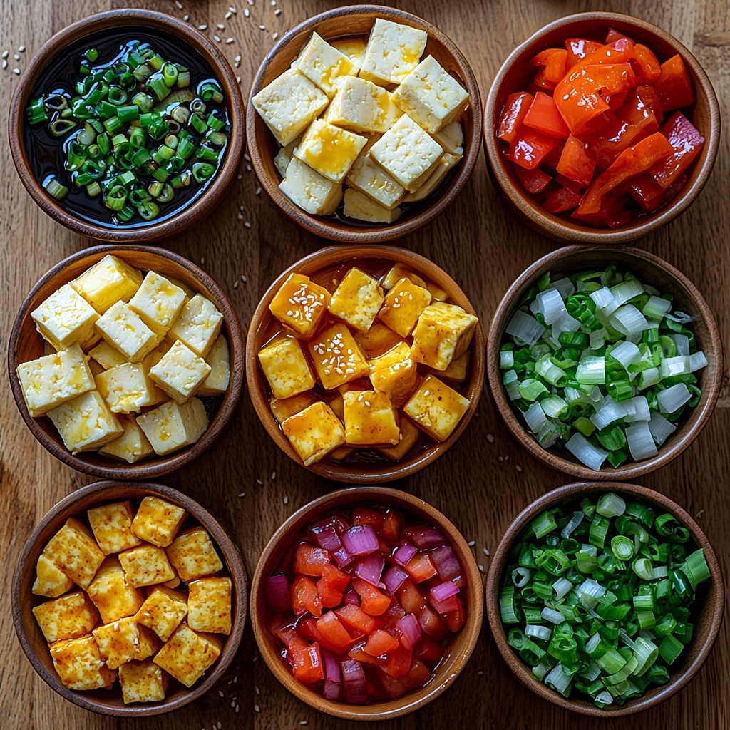 Extra-firm tofu cubes neatly arranged in a small wooden bowl, bright yellow pineapple chunks in a glass dish, chopped red and green bell peppers placed side by side showcasing vibrant contrasting colors, finely chopped red onion in a small white ramekin. Small bowls containing glossy dark soy sauce, golden maple syrup, and light amber pineapple juice arranged in a row. A tiny bowl with minced garlic and freshly grated ginger side by side, and a small dish with pale cornstarch powder. Scattered sesame seeds and thinly sliced green onions artfully laid out on the clean, light wood surface around the bowls. The ingredients are spaced evenly, highlighting their fresh textures—smooth tofu, juicy pineapple, crisp peppers, and moist sauce components—capturing a bright, inviting palette of reds, greens, yellows, and natural neutrals. Soft natural lighting emphasizes the freshness and vibrant colors, with slight shadows adding depth. Overhead shot, top down view, flat lay photography, professional food styling --ar 1:1 --q 2 --s 750 --v 6.1