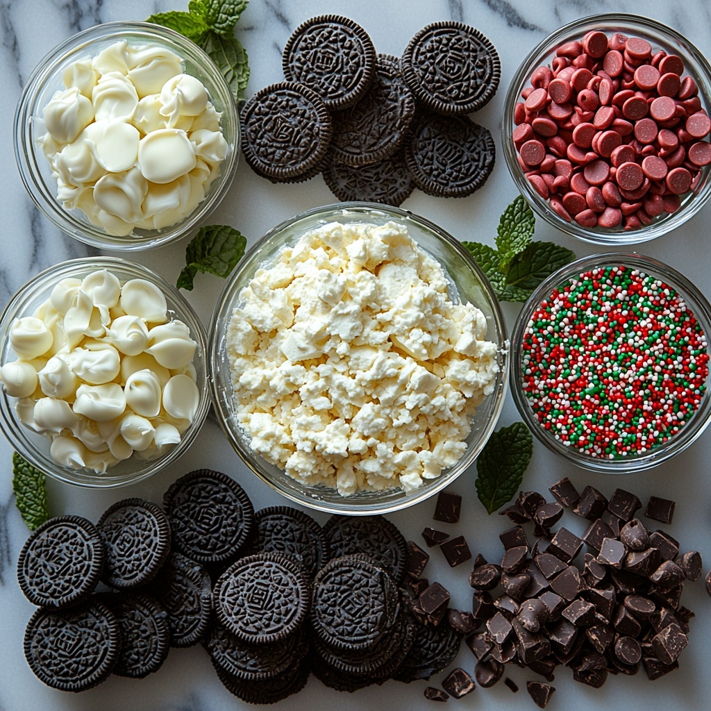 Oreo cookies whole and crushed into fine dark crumbs in a small bowl, smooth and creamy softened cream cheese in a clear glass bowl, vibrant glossy green candy melts in a melting pot, shiny white chocolate chips scattered casually nearby, small bowls filled with bright red and green sprinkles, all ingredients arranged neatly on a clean white marble surface with soft natural light casting gentle shadows, textures of crumbly cookies, creamy cheese, and smooth candy melts clearly visible, minimalist styling with a few green leaves for a fresh touch, slight rustic kitchen props including a rolling pin and parchment paper in the frame to add context, overhead shot, top down view, flat lay photography, professional food styling --ar 1:1 --q 2 --s 750 --v 6.1
