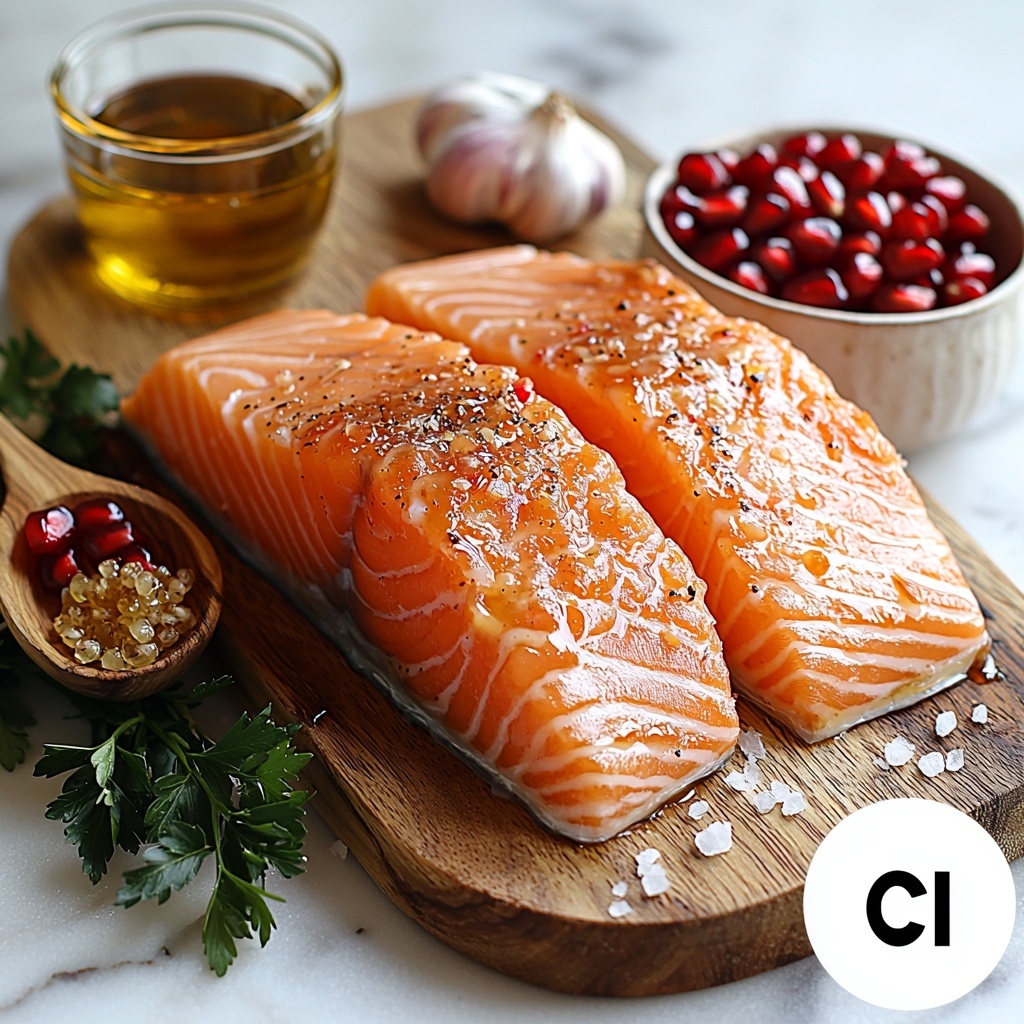 A clean white marble surface neatly arranged with the main ingredients for pomegranate glazed salmon: a small glass bowl filled with thick, glossy deep red pomegranate molasses; a wooden spoon with coarse reddish-brown red pepper flakes; a small rustic dish of golden honey with a honey dipper; a small pile of fine white salt crystals and freshly cracked black peppercorns in a tiny bowl; a sprig of fresh vibrant green parsley, finely chopped beside it; two cloves of fresh garlic, peeled and lightly crushed; a drizzle of rich, golden extra virgin olive oil in a shallow ceramic dish; a fresh raw salmon fillet with bright pink-orange flesh and delicate silver skin, laid on a natural wooden cutting board; a small bowl of jewel-like glossy red pomegranate seeds scattered artistically around; ingredients spaced evenly with negative space for visual balance; soft natural daylight illuminating textures and colors, highlighting the glossy glaze, the granular spices and the freshness of herbs; rustic yet elegant styling with minimal props and clean lines; overhead shot, top down view, flat lay photography, professional food styling --ar 1:1 --q 2 --s 750 --v 6.1