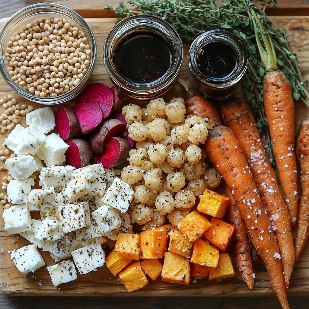 /Imagine prompt: A clean, light wooden surface arranged with the main ingredients for a winter harvest dinner bowl in an artful flat lay. Groups of cooked pearl barley with its soft, round, creamy grains; a vibrant mix of roasted vegetables including deep ruby red beets, bright orange carrots, and pale golden parsnips with slightly caramelized edges; scattered crumbles of creamy white feta cheese; a small pile of shiny, toasted pumpkin seeds with a rich brown-green hue. A small glass jar of dark, glossy balsamic vinegar and a drizzle of golden olive oil in a delicate glass container. Sprinkle of coarse salt and freshly cracked black peppercorns scattered around for texture. Natural, soft daylight highlights the contrasting colors and textures — the earthy vegetables, crumbly cheese, and smooth barley grains — arranged with spacing that feels organic yet balanced, evoking warmth and rustic elegance. Overhead shot, top down view, flat lay photography, professional food styling --ar 1:1 --q 2 --s 750 --v 6.1