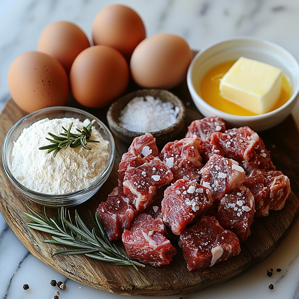Lamb shoulder chunks raw on a small rustic wooden board with a sprig of fresh rosemary, creamy white full-fat yogurt in a glass bowl showing smooth texture, three large brown eggs with clean shells, a small ceramic bowl filled with all-purpose flour fine and white, a few cloves of garlic peeled and minced, a small heap of uncooked white rice grains on a simple white plate, a vintage silver tablespoon with two glossy pats of golden melted butter, coarse salt crystals and freshly ground black pepper scattered delicately on the clean bright marble surface. All ingredients arranged thoughtfully in a balanced circular pattern on a pristine white background, natural soft light highlighting textures and subtle shadows, minimalist and elegant styling with hints of rustic kitchen charm, warm and inviting color palette emphasizing creamy whites, soft browns, and golden yellows. Overhead shot, top down view, flat lay photography, professional food styling --ar 1:1 --q 2 --s 750 --v 6.1
