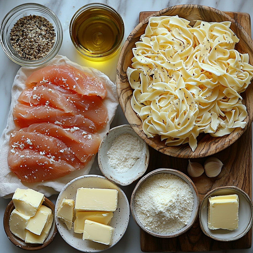 A clean white marble surface neatly arranged with the main ingredients for Skinny Low-Fat Chicken Fettuccine Alfredo: raw chicken breasts with a light drizzle of olive oil and sprinkled garlic salt and pepper on a small ceramic plate; a small wooden bowl of golden olive oil; a vintage spoon resting with a pat of creamy butter; minced garlic cloves on a rustic white dish; a small heap of fine white flour on a linen napkin; a glass measuring cup filled with clear golden chicken broth; a small white bowl of creamy 1% milk; a pile of finely grated and shaved pale yellow Parmesan cheese on a textured ceramic plate; a tiny bowl of coarse salt and a pinch of ground black pepper side by side; dry uncooked pale yellow fettuccine noodles loosely coiled on a wooden board. The ingredients are spaced evenly with natural daylight accentuating the varied soft textures—smooth chicken, fine flour, creamy butter, delicate cheese shavings, and the dry noodles’ slight ridges. Subtle shadows create depth while maintaining a bright, fresh, and inviting mood. Overhead shot, top down view, flat lay photography, professional food styling --ar 1:1 --q 2 --s 750 --v 6.1