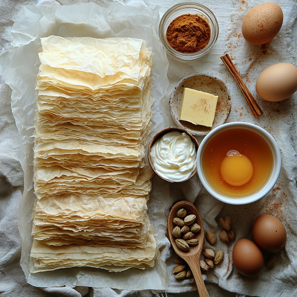 phyllo dough sheets neatly stacked and partially fanned out on a clean white surface, next to a small bowl of melted golden butter glistening under soft light, a small white dish with fine granulated sugar sparkling, a tiny ramekin of warm brown cinnamon powder, a block of smooth cream cheese softened and creamy, a white bowl filled with light brown granulated sugar, three fresh brown eggs with smooth shells arranged in a triangle, a small glass jar of clear vanilla extract, a bowl of thick, pale sour cream with soft folds, a small wooden bowl brimming with rich amber honey glistening, a small clear bowl of chopped vibrant green pistachios adding texture, and a tiny dish of golden melted butter ready for drizzling — all elements spaced evenly with subtle shadows creating depth, on a crisp clean neutral backdrop highlighting natural colors and varied textures, minimalistic rustic props like a wooden spoon and linen napkin subtly placed for warmth and balance, warm natural daylight enhancing the inviting and fresh tones overhead shot, top down view, flat lay photography, professional food styling --ar 1:1 --q 2 --s 750 --v 6.1
