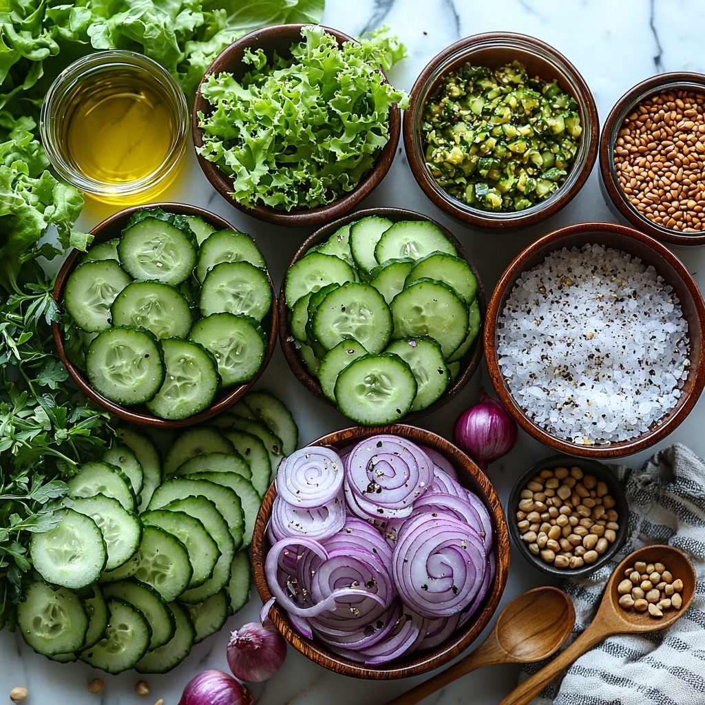 5 ounces fresh spring greens mix with vibrant green and purple leaves, half of an English cucumber thinly sliced into translucent pale green rounds, half of a medium red onion peeled and sliced into delicate purple rings, a small bowl of glossy toasted pepitas with a warm golden brown hue, a small bowl of rich, golden olive oil, a small glass container of bright yellow freshly-squeezed lemon juice, a tiny dish with smooth pale Dijon mustard, a peeled small garlic clove beside a pinch of fine sea salt and a scattering of freshly cracked black peppercorns. All ingredients are neatly arranged in a harmonious, visually pleasing layout on a clean white marble surface with soft natural lighting that enhances the fresh, crisp textures and vivid colors. Minimal shadows, a crisp focus highlighting the freshness and variety of textures, styled with rustic wooden utensils and a folded linen napkin to add warmth and contrast to the composition. overhead shot, top down view, flat lay photography, professional food styling --ar 1:1 --q 2 --s 750 --v 6.1