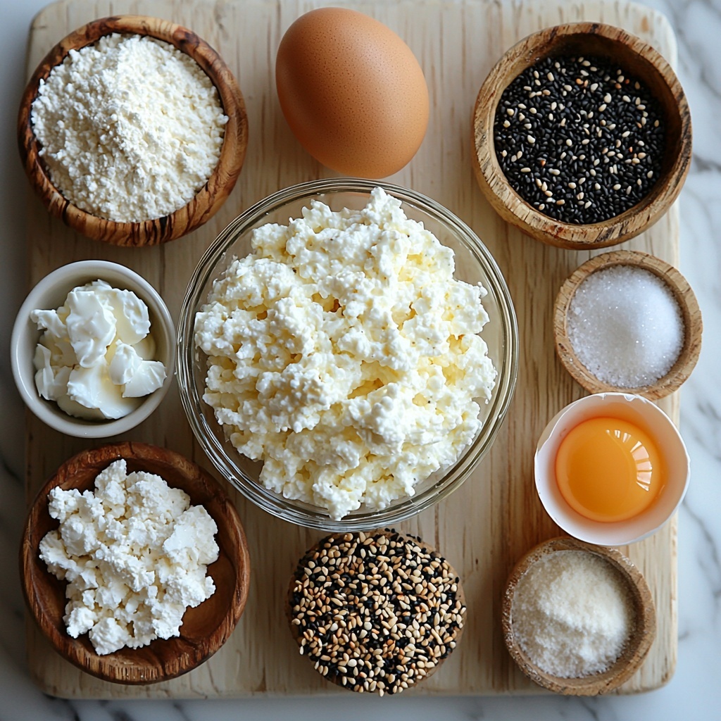 fluffy 3-ingredient cottage cheese bagels ingredients arranged neatly on a clean white marble surface: a small glass bowl of creamy full-fat cottage cheese with visible curds, a heap of fine white self-rising flour sprinkled lightly around it, a small white ramekin holding fine white baking powder powder, a smooth large brown egg resting in a minimalist ceramic egg cup, a small clear dish with a mix of colorful everything bagel seasoning (black sesame seeds, white sesame seeds, poppy seeds, dried onion flakes, dried garlic flakes), a tiny wooden bowl containing granulated white sugar, and a small pinch bowl with fine white salt crystals, natural daylight softly illuminating the scene highlighting the contrasting textures of fluffy cheese, powdery flour, smooth egg shell, and coarse seasoning, light wooden chopping board edges framing part of the composition, minimal shadows, bright and airy mood, overhead shot, top down view, flat lay photography, professional food styling --ar 1:1 --q 2 --s 750 --v 6.1